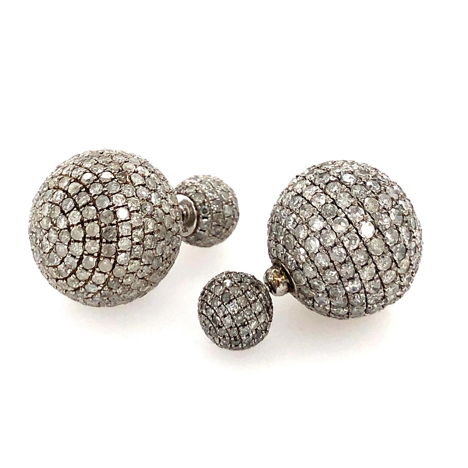 Art Deco Pave Diamond Ball Tunnel Earring Made in 18k Gold & Silver For Sale