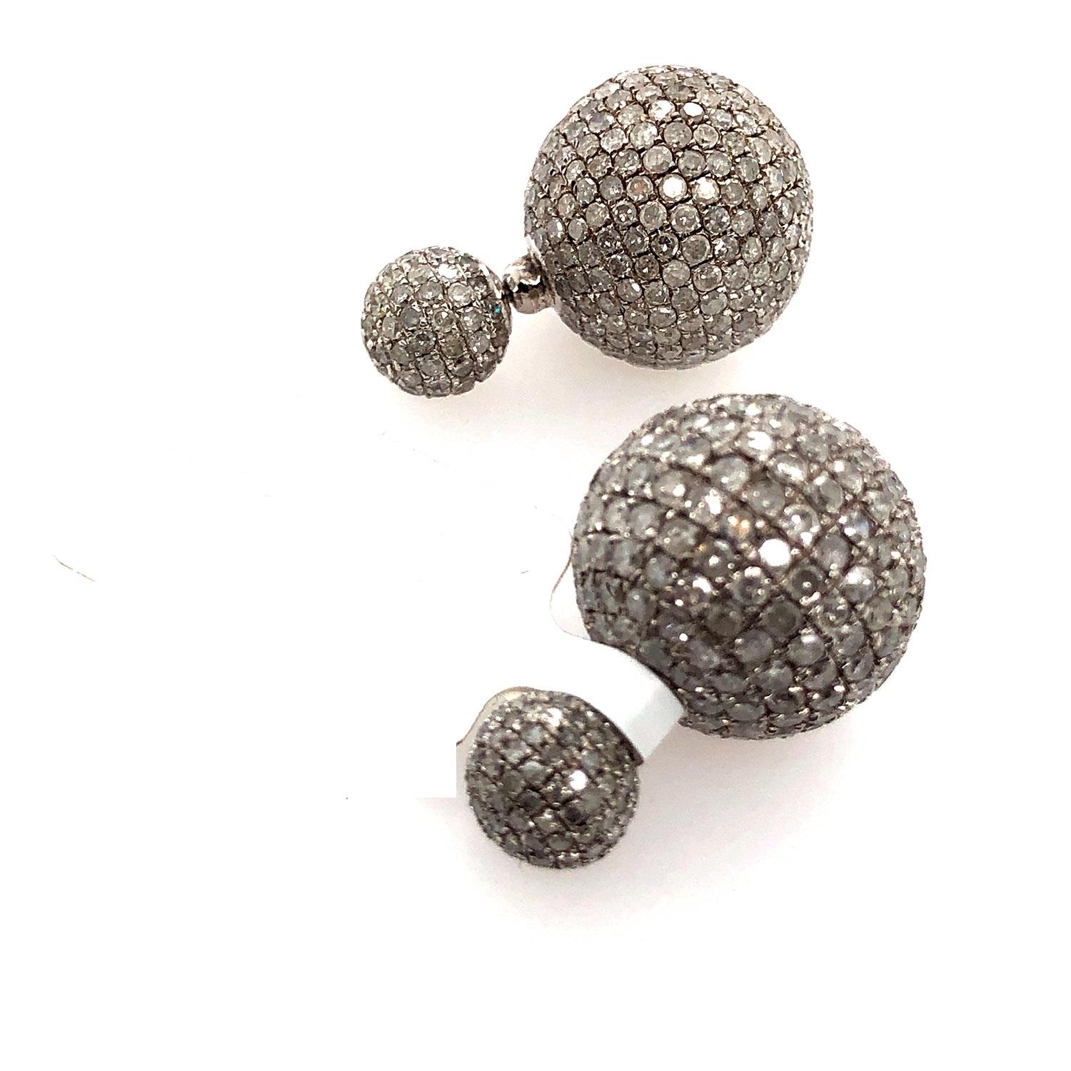 Mixed Cut Pave Diamond Ball Tunnel Earring Made in 18k Gold & Silver For Sale