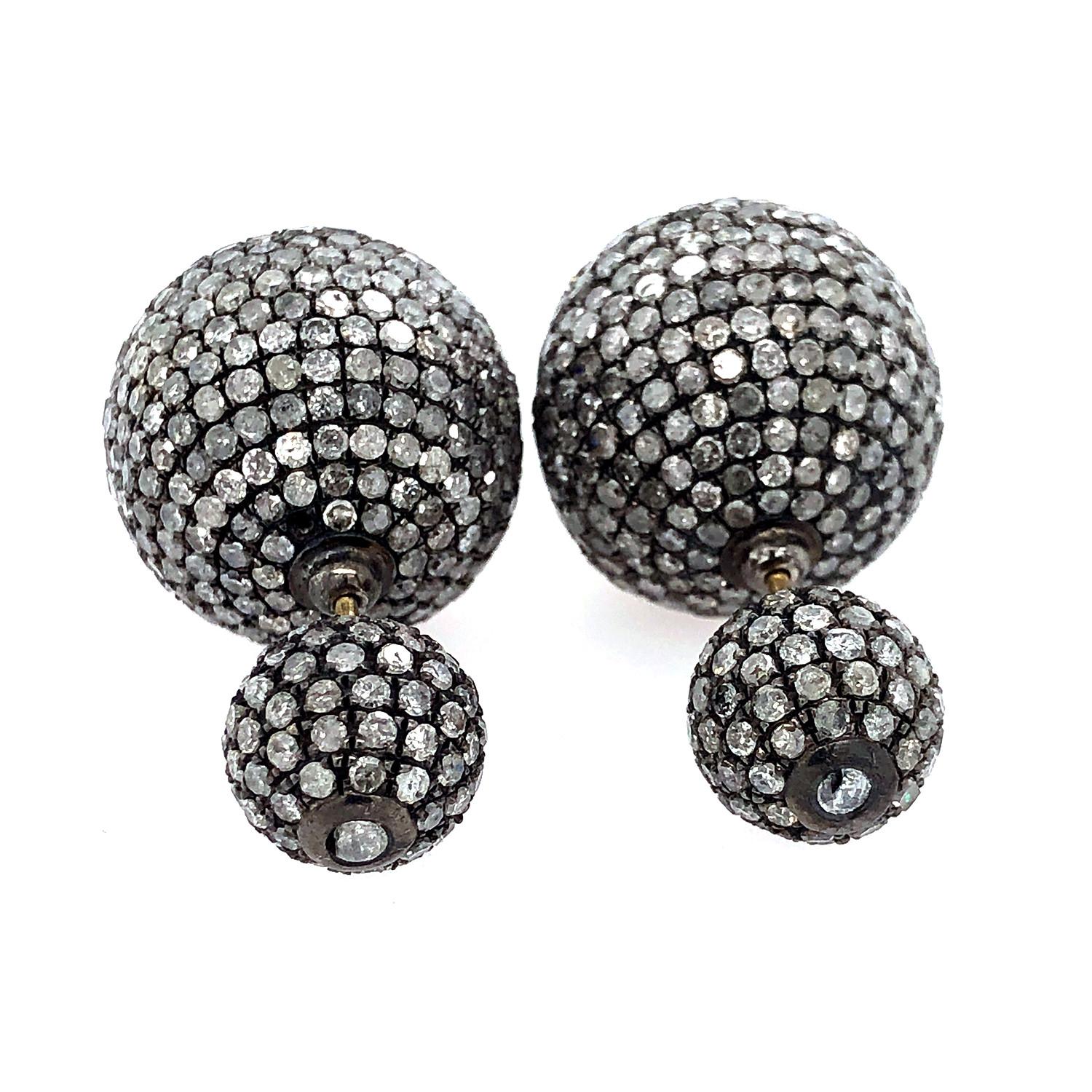 Art Nouveau Pave Diamond Ball Tunnel Earring Made in 18k Gold & Silver For Sale