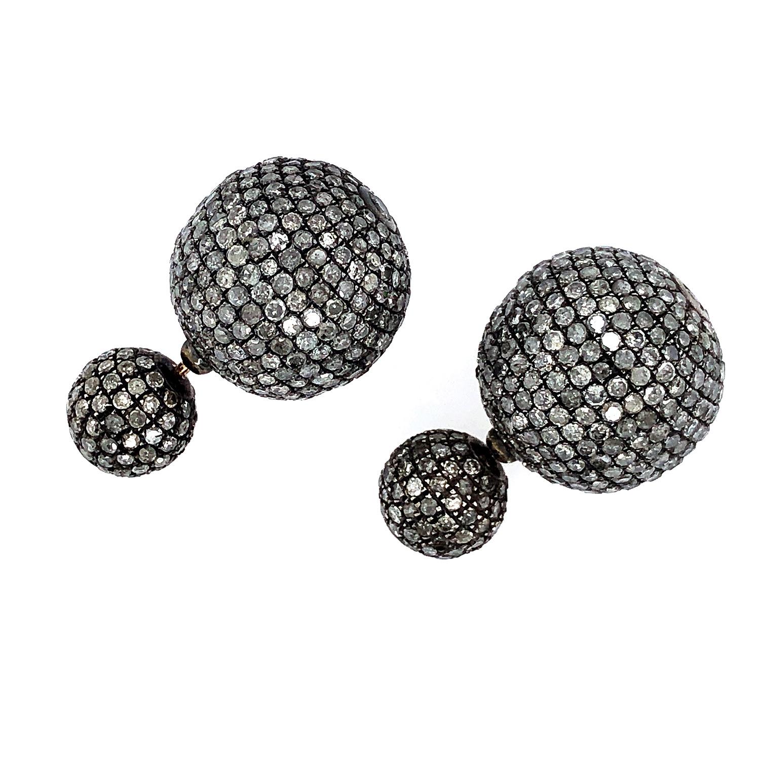 Mixed Cut Pave Diamond Ball Tunnel Earring Made in 18k Gold & Silver For Sale