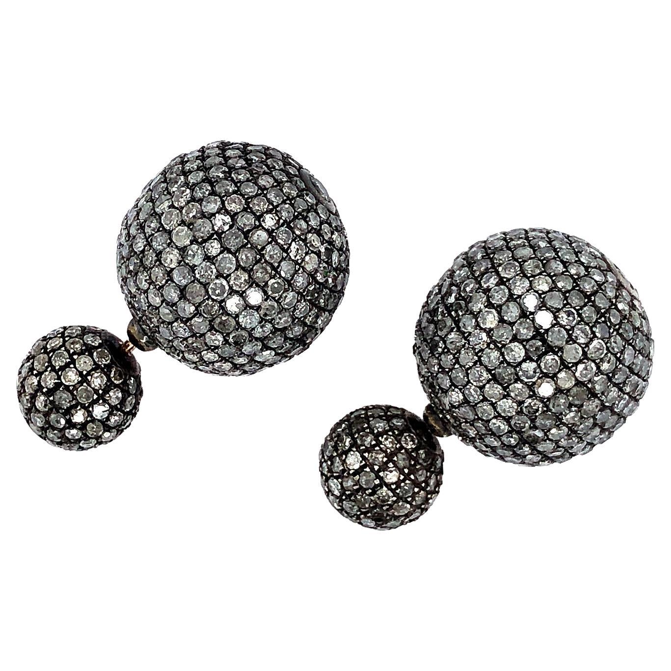 Pave Diamond Ball Tunnel Earring Made in 18k Gold & Silver For Sale