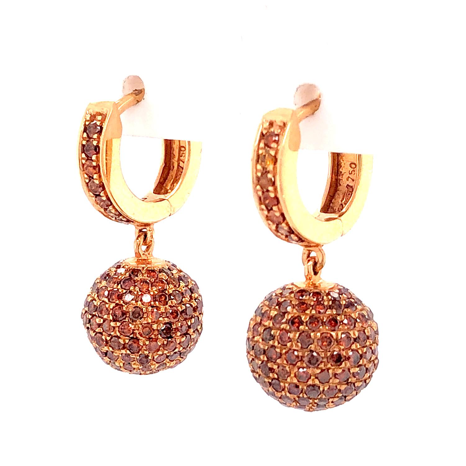 Art Deco Pave Brown Diamond Ball Earrings Made in 18k Rose Gold For Sale