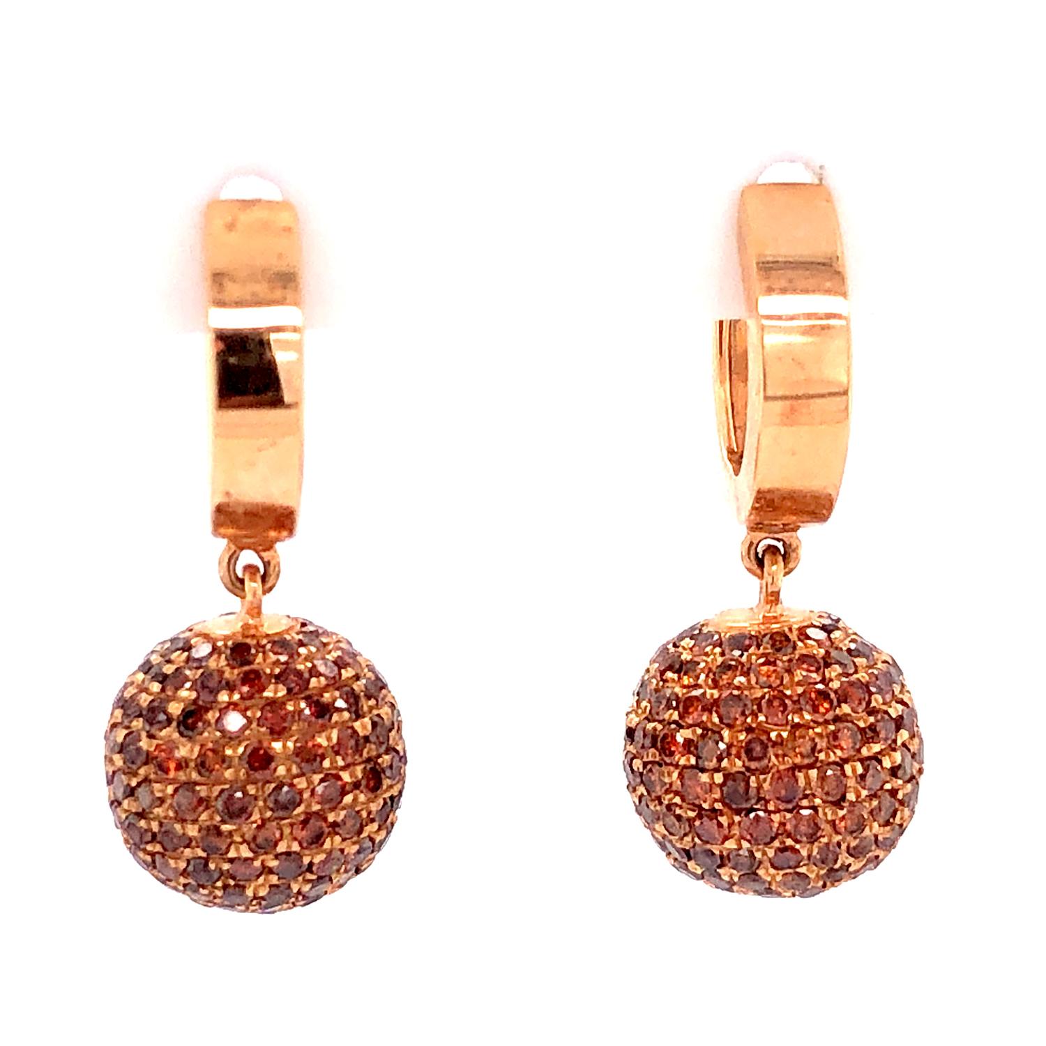 Mixed Cut Pave Brown Diamond Ball Earrings Made in 18k Rose Gold For Sale