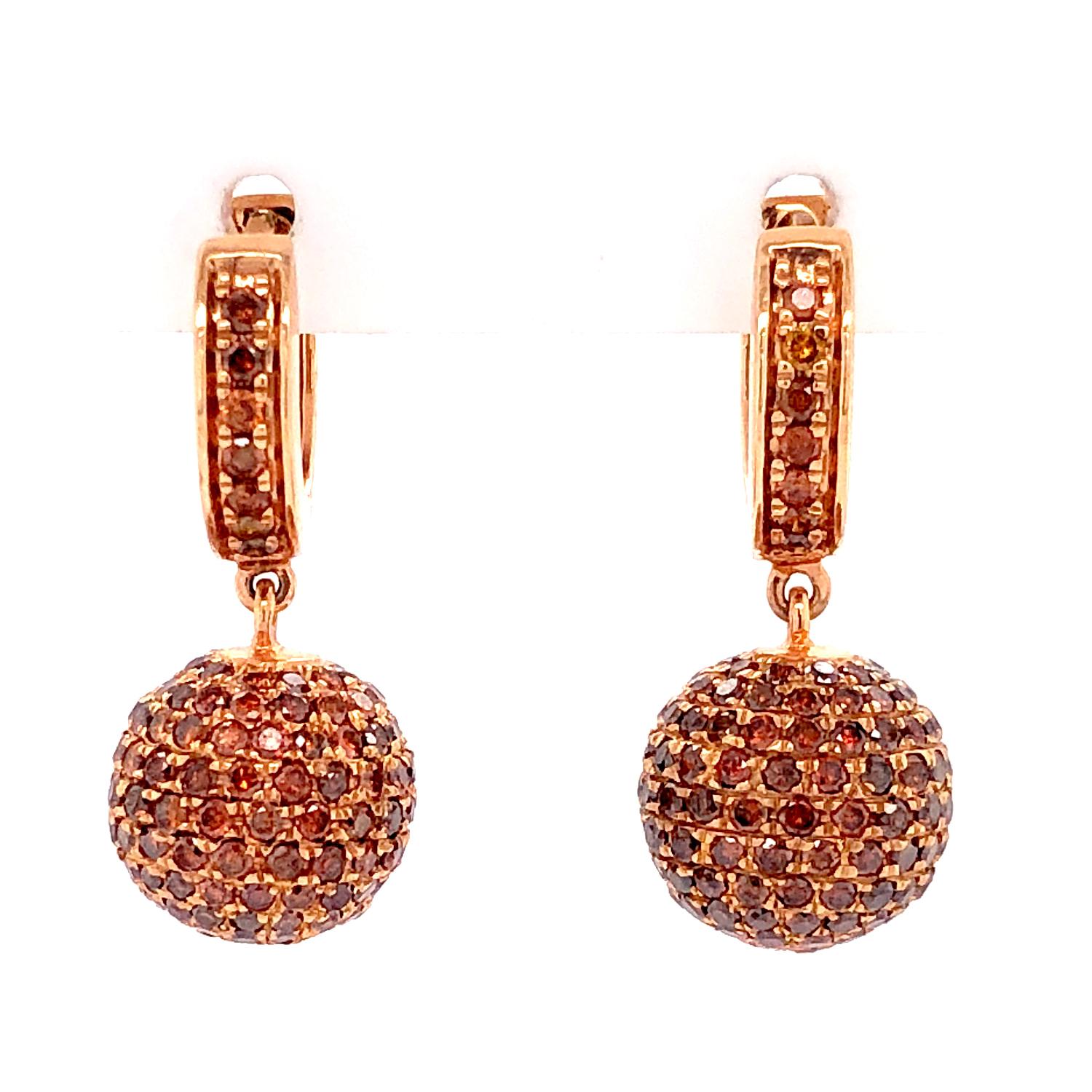 Pave Brown Diamond Ball Earrings Made in 18k Rose Gold In New Condition For Sale In New York, NY