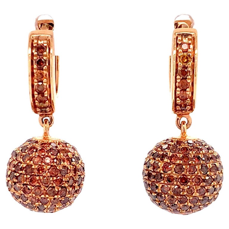 Pave Brown Diamond Ball Earring Made in 18k Rose Gold For Sale at 1stDibs
