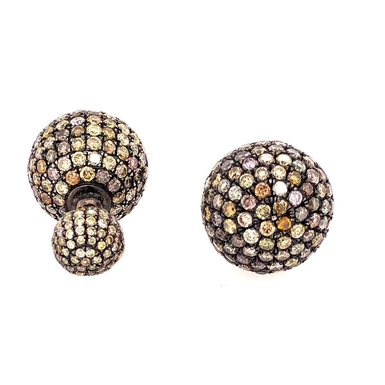Pave Diamond Ball Tunnel Earrings Made in 14k Gold and Silver For Sale