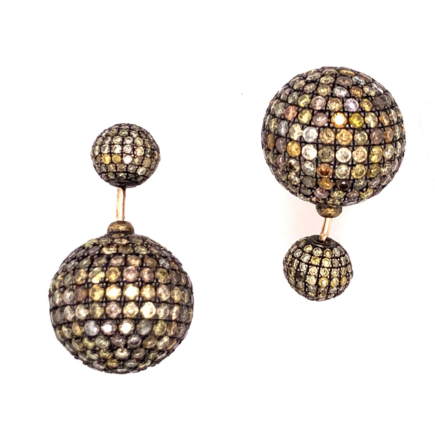 Artisan Pave Fancy Diamond Ball Tunnel Earrings Made in 14K Gold & Silver For Sale