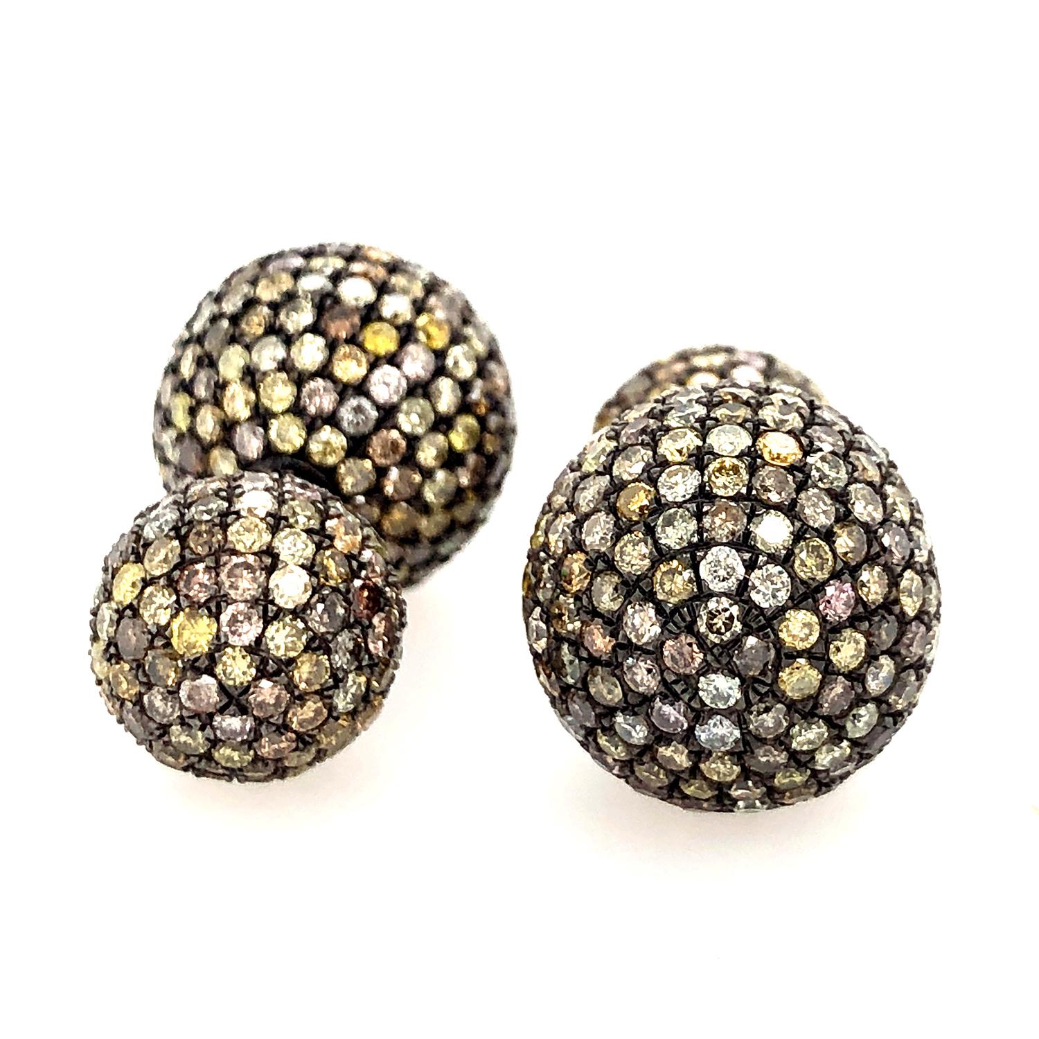 Artisan Pave Fancy Diamond Ball Tunnel Earrings Made in 14k Gold & Silver For Sale