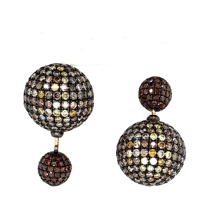 Pave Diamond Ball Tunnel Earrings Made in 14k Gold and Silver For Sale