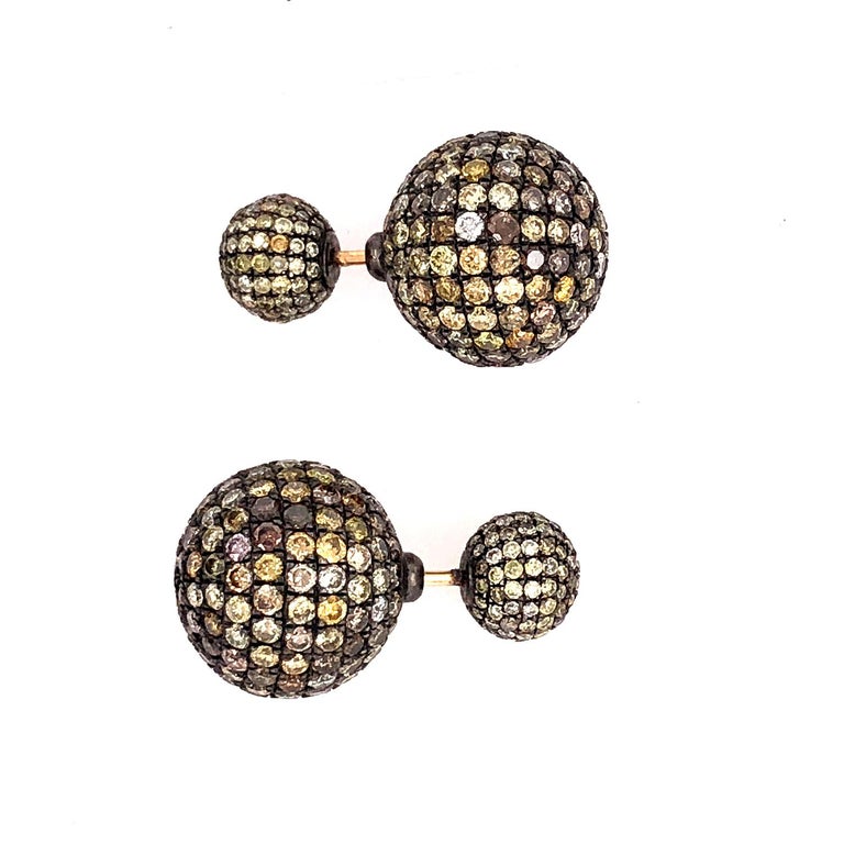 Pave Diamond Ball Tunnel Earrings Made in 14k Gold and Silver For Sale