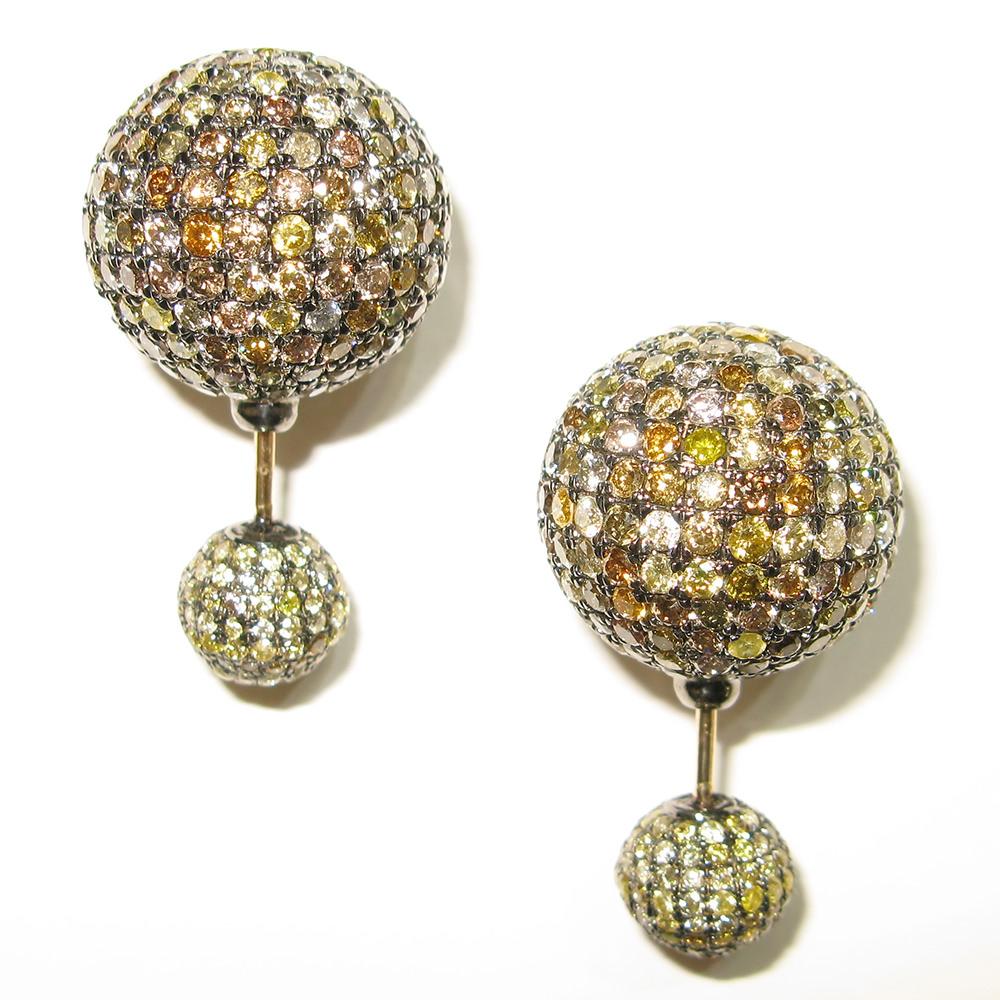 Mixed Cut Pave Fancy Diamond Ball Tunnel Earrings Made in 14K Gold & Silver For Sale