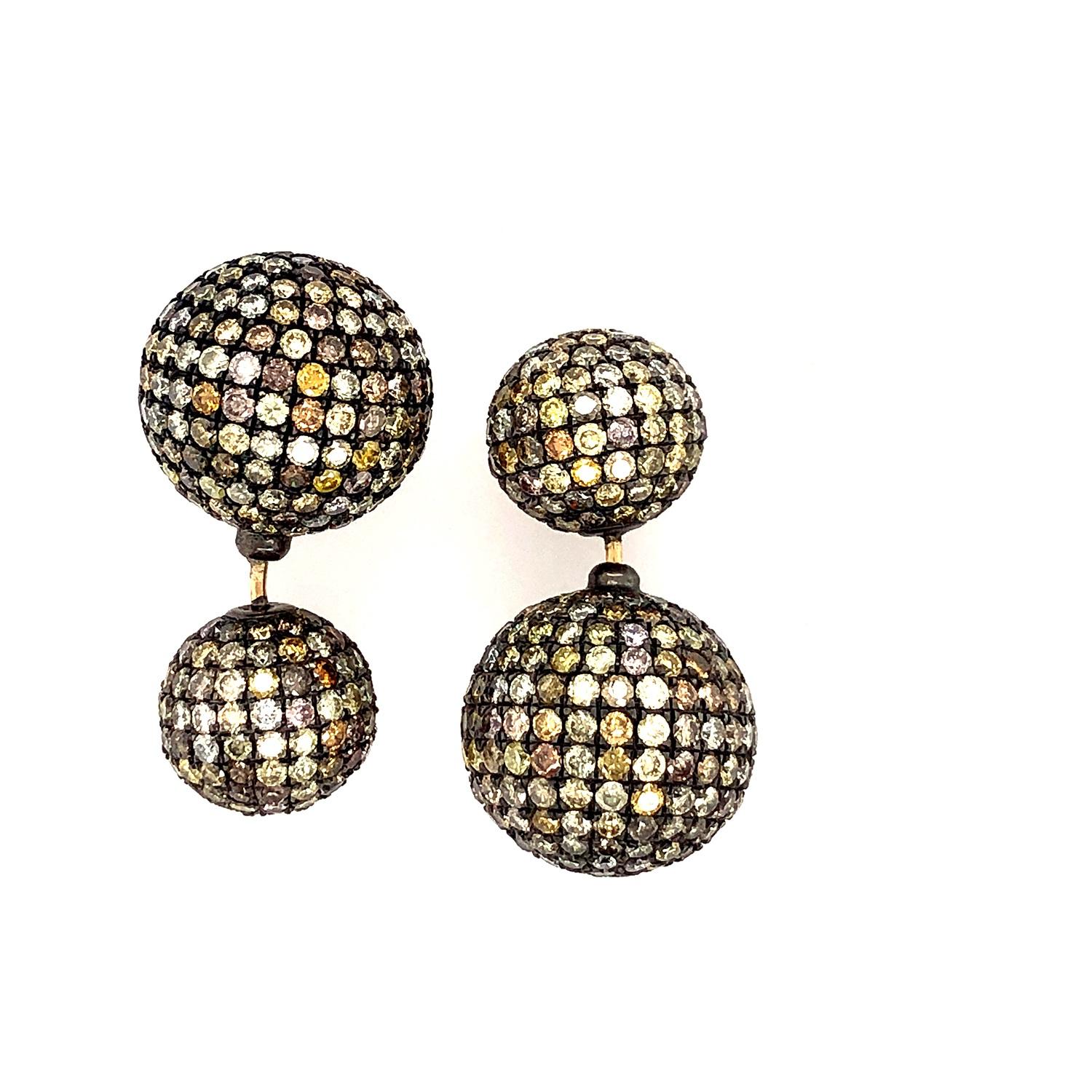 Mixed Cut Pave Fancy Diamond Ball Tunnel Earrings Made in 14k Gold & Silver For Sale