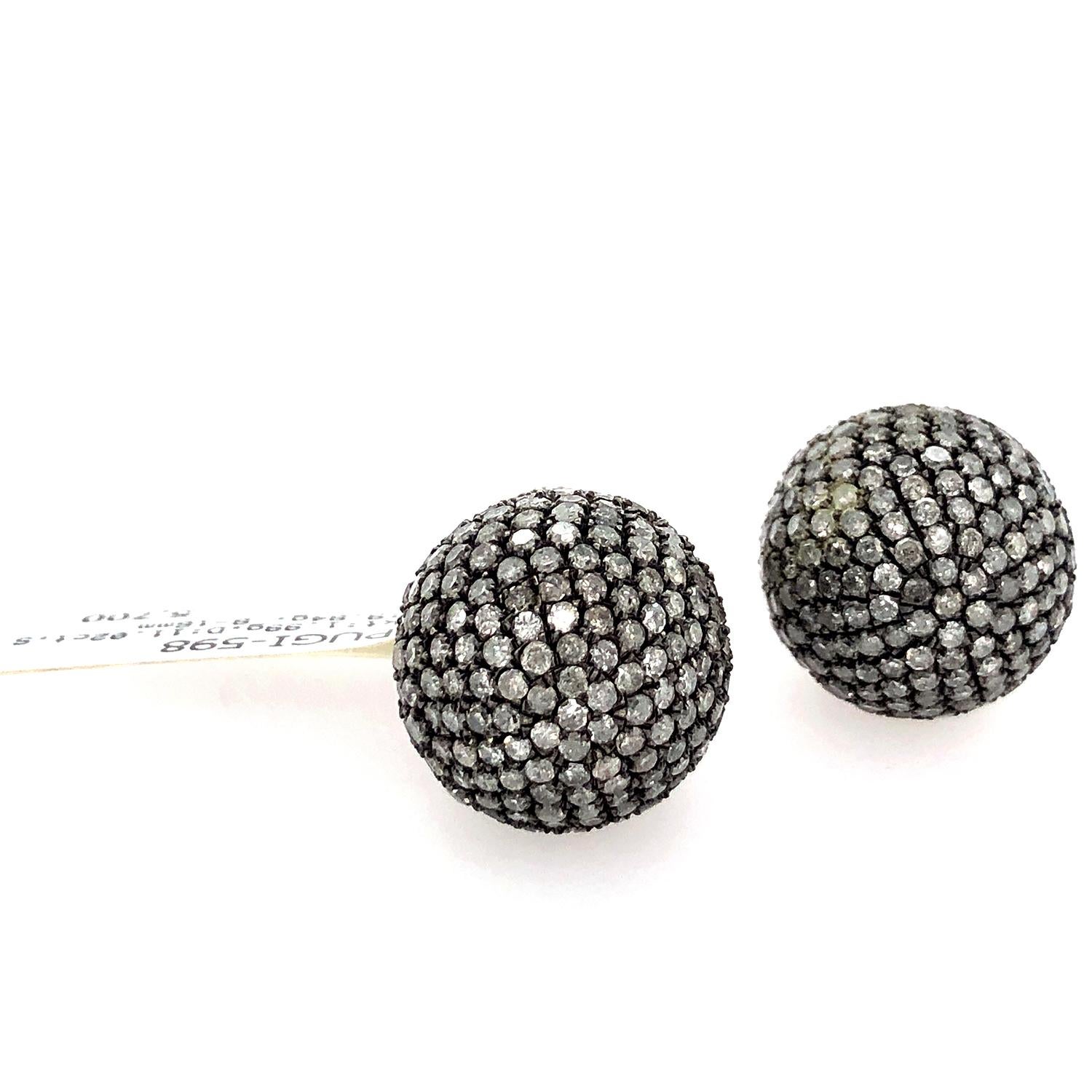 Artisan Pave Fancy Diamond Ball Tunnel Earrings Made in 14k Gold & Silver For Sale