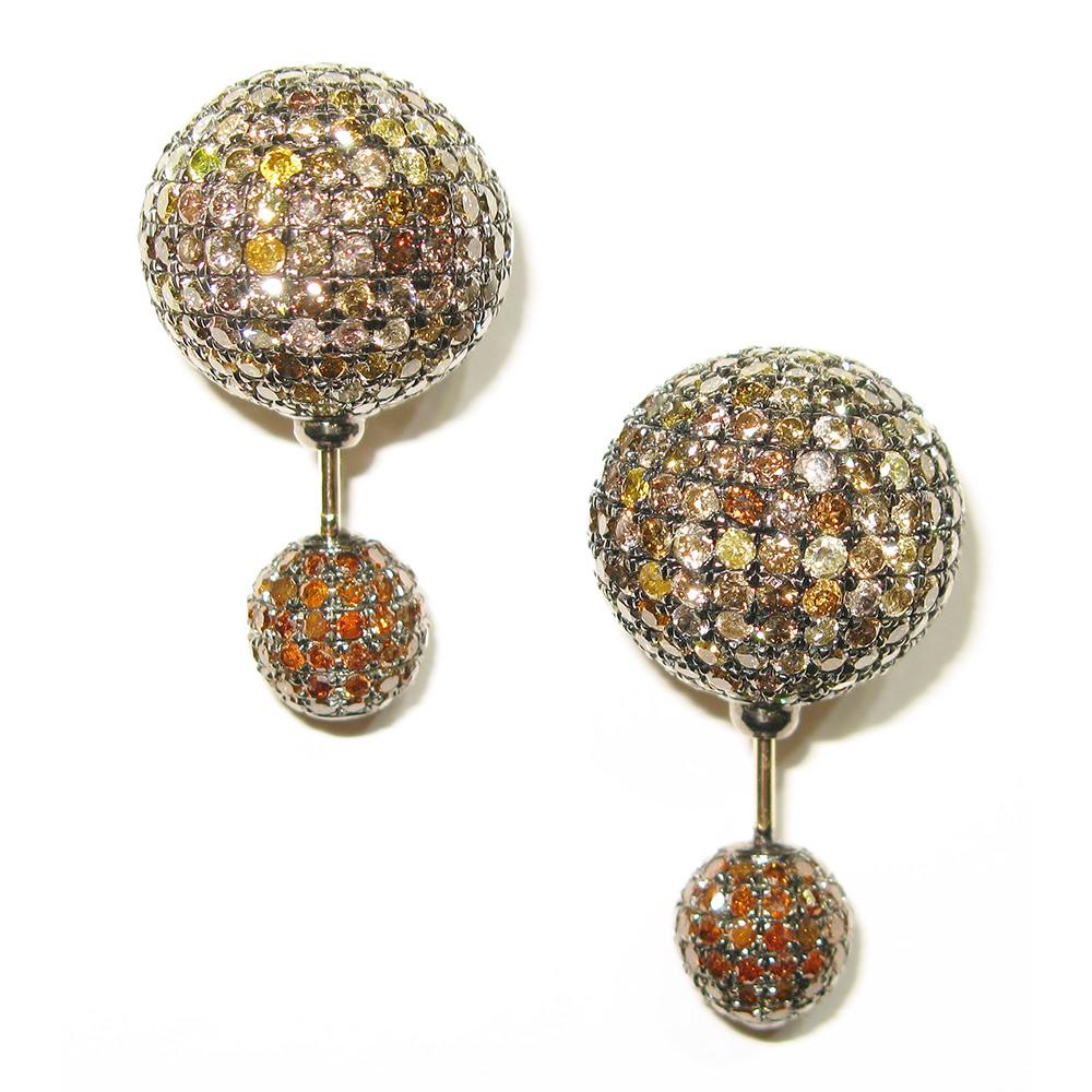 Artisan Pave Diamond Ball Tunnel Earrings Made in 14k Gold & Silver For Sale