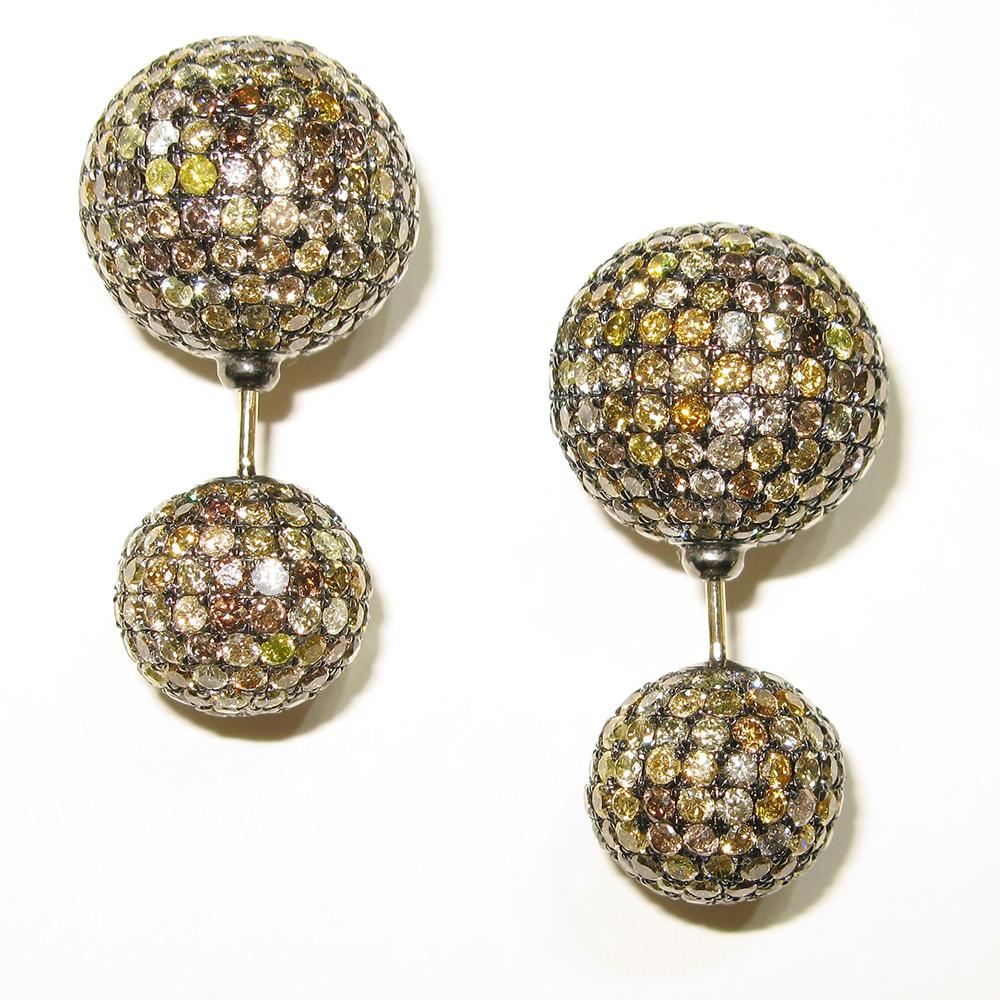 Pave Fancy Diamond Ball Tunnel Earrings Made in 14k Gold & Silver In New Condition For Sale In New York, NY