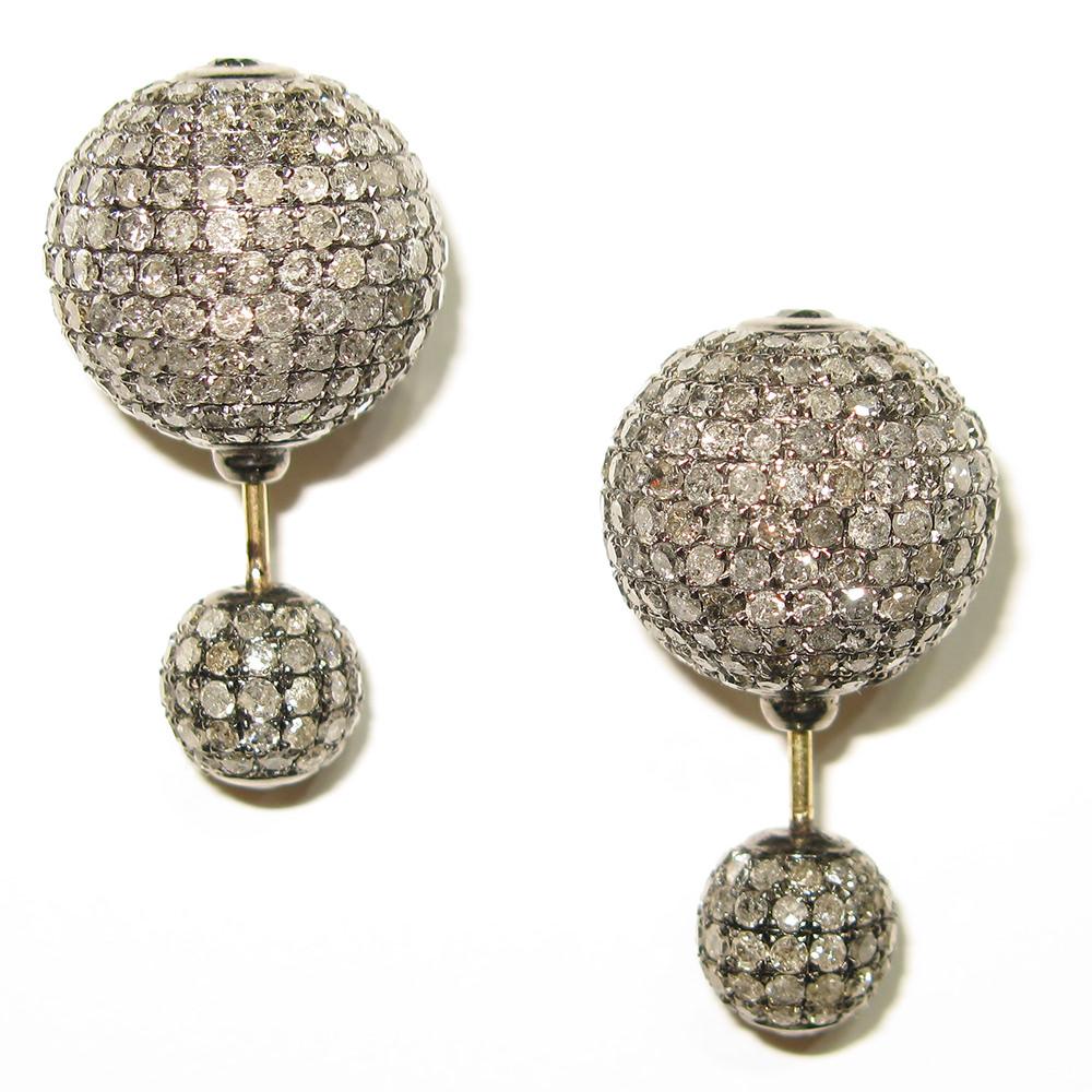 Mixed Cut Pave Fancy Diamond Ball Tunnel Earrings Made in 14k Gold & Silver For Sale