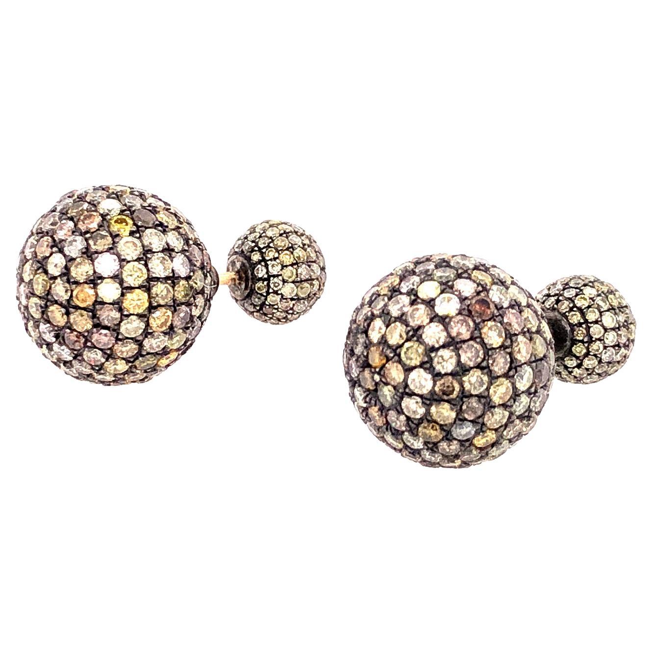 Pave Diamond Ball Tunnel Earrings Made in 14k Gold & Silver For Sale