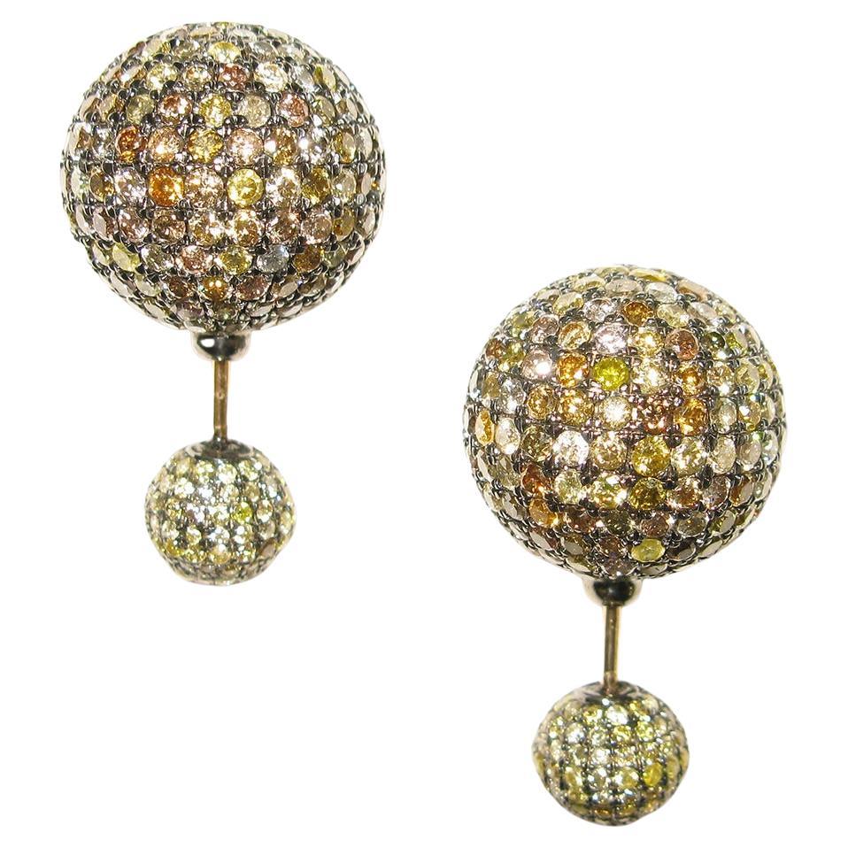 Pave Fancy Diamond Ball Tunnel Earrings Made in 14K Gold & Silver For Sale