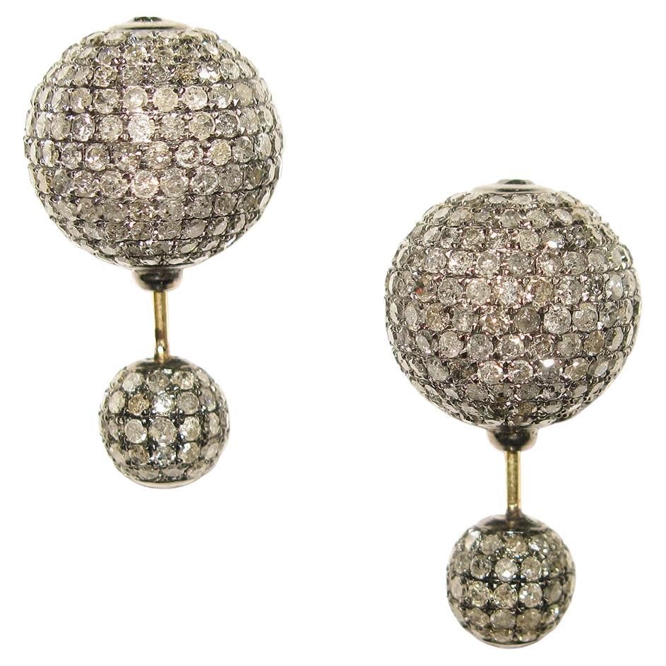 Pave Fancy Diamond Ball Tunnel Earrings Made in 14k Gold & Silver For Sale