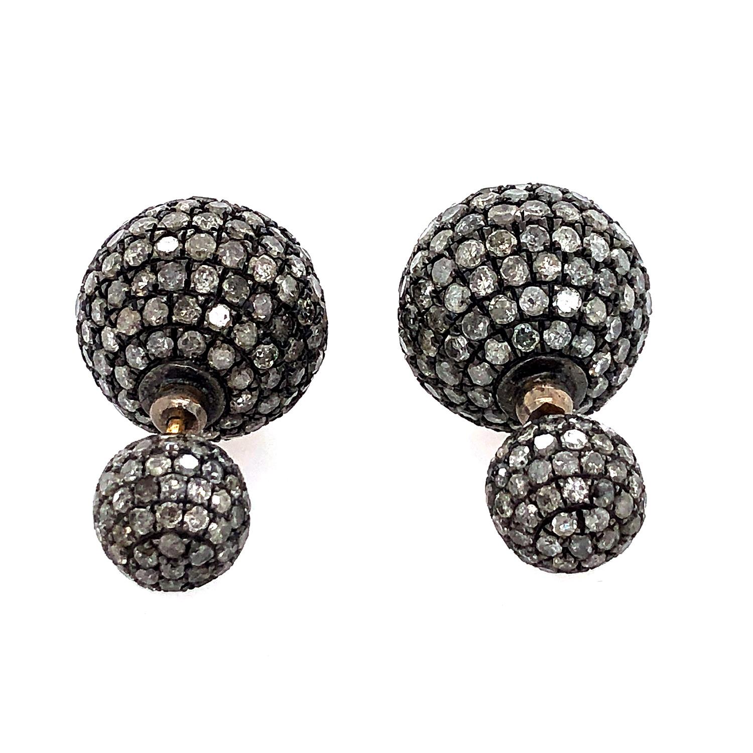 Artisan Pave Diamond Ball Tunnel Earrings Made in 18k Gold & Silver For Sale