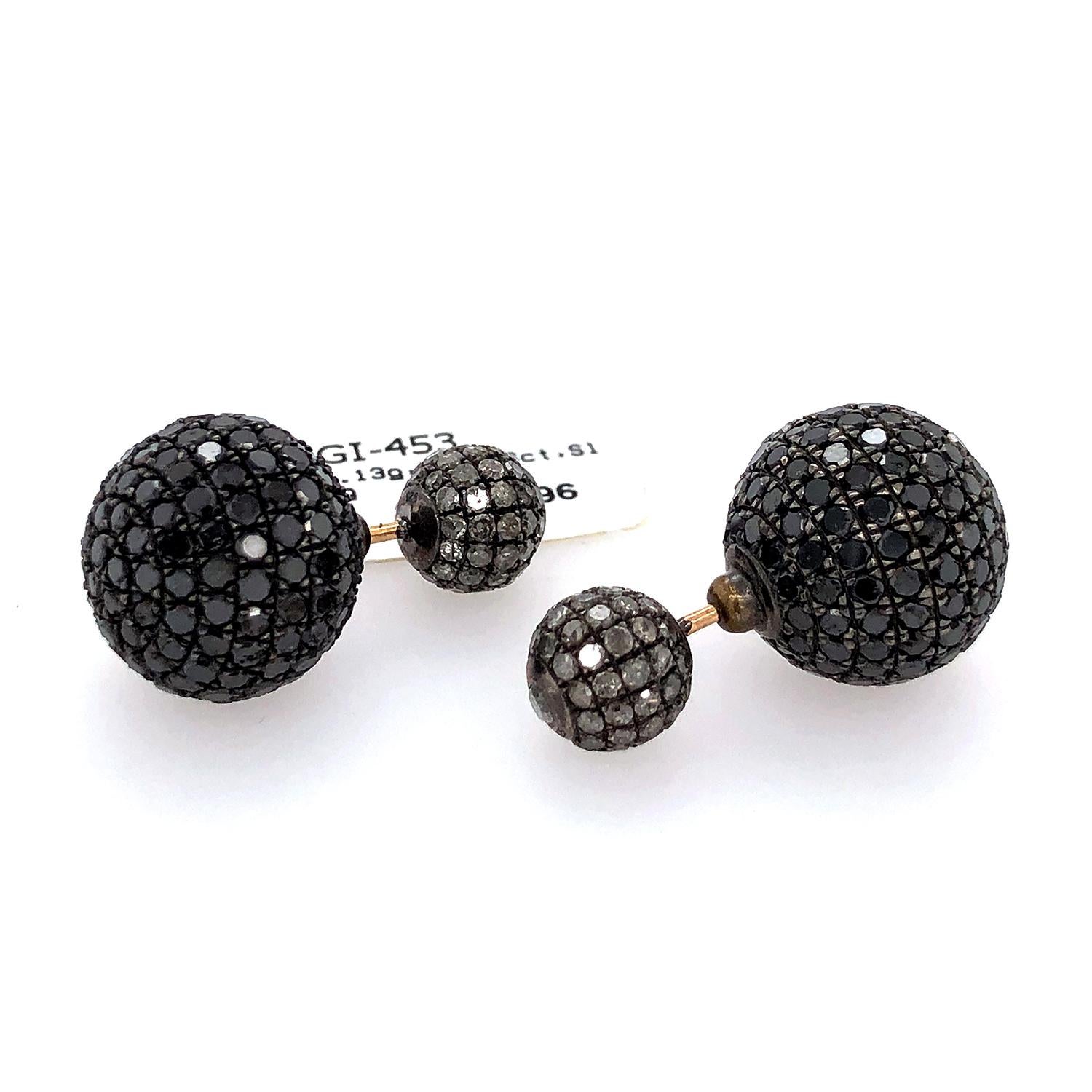 Artisan Pave Diamond Ball Tunnel Earrings Made in 18k Gold & Silver For Sale