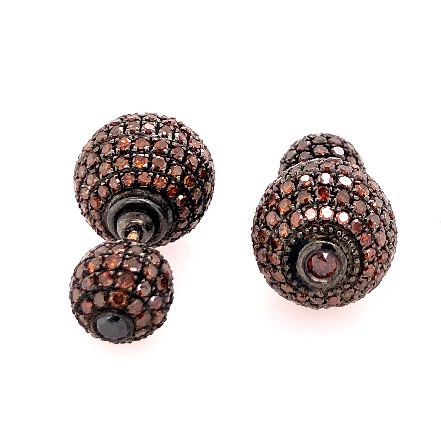 Artisan Brown Pave Diamond Ball Tunnel Earrings Made in 18k Gold & Silver For Sale