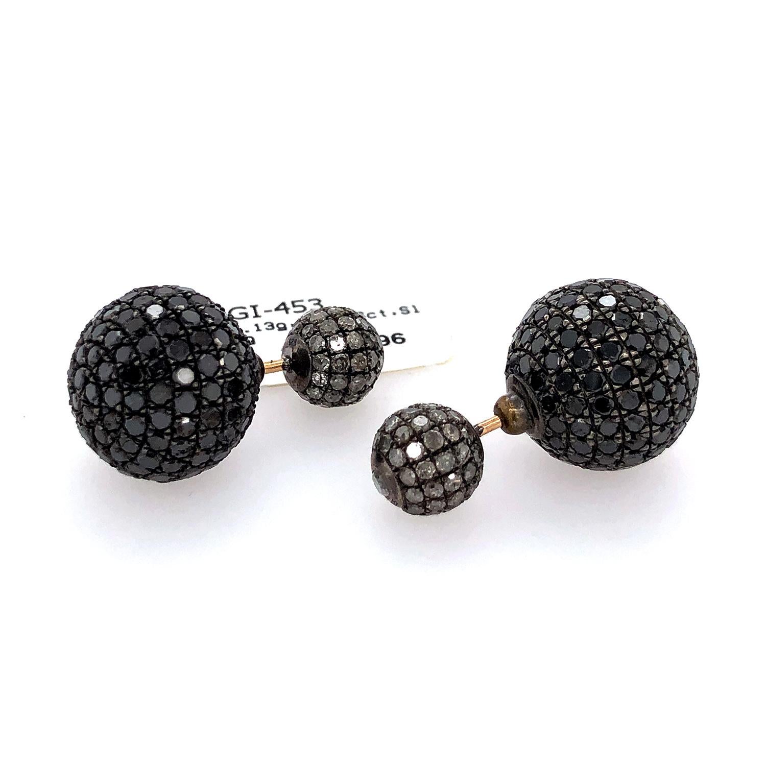 Mixed Cut Pave Diamond Ball Tunnel Earrings Made in 18k Gold & Silver For Sale