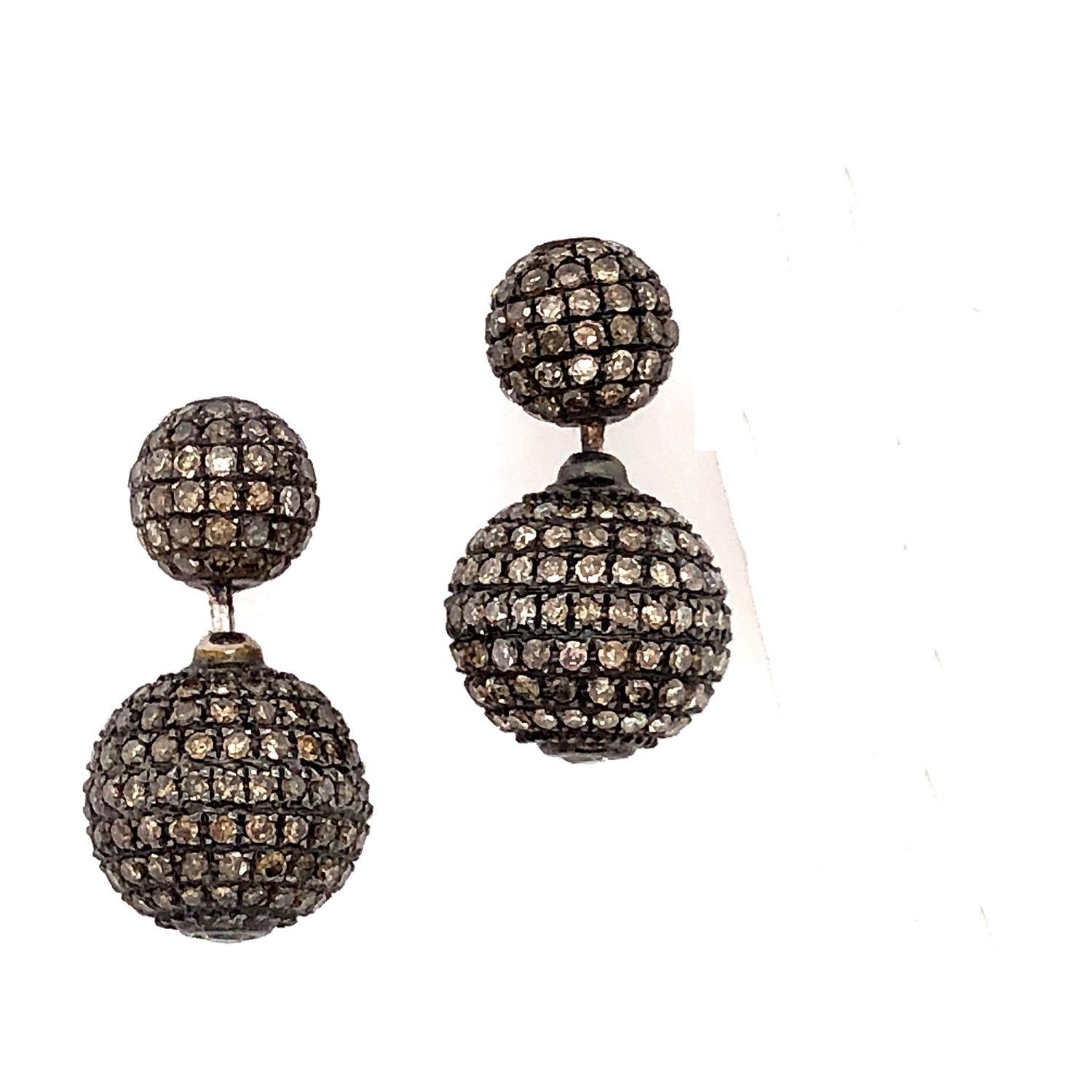 Artisan Pave Champagne Diamond Ball Tunnel Earrings Made in 18k Gold & Silver For Sale