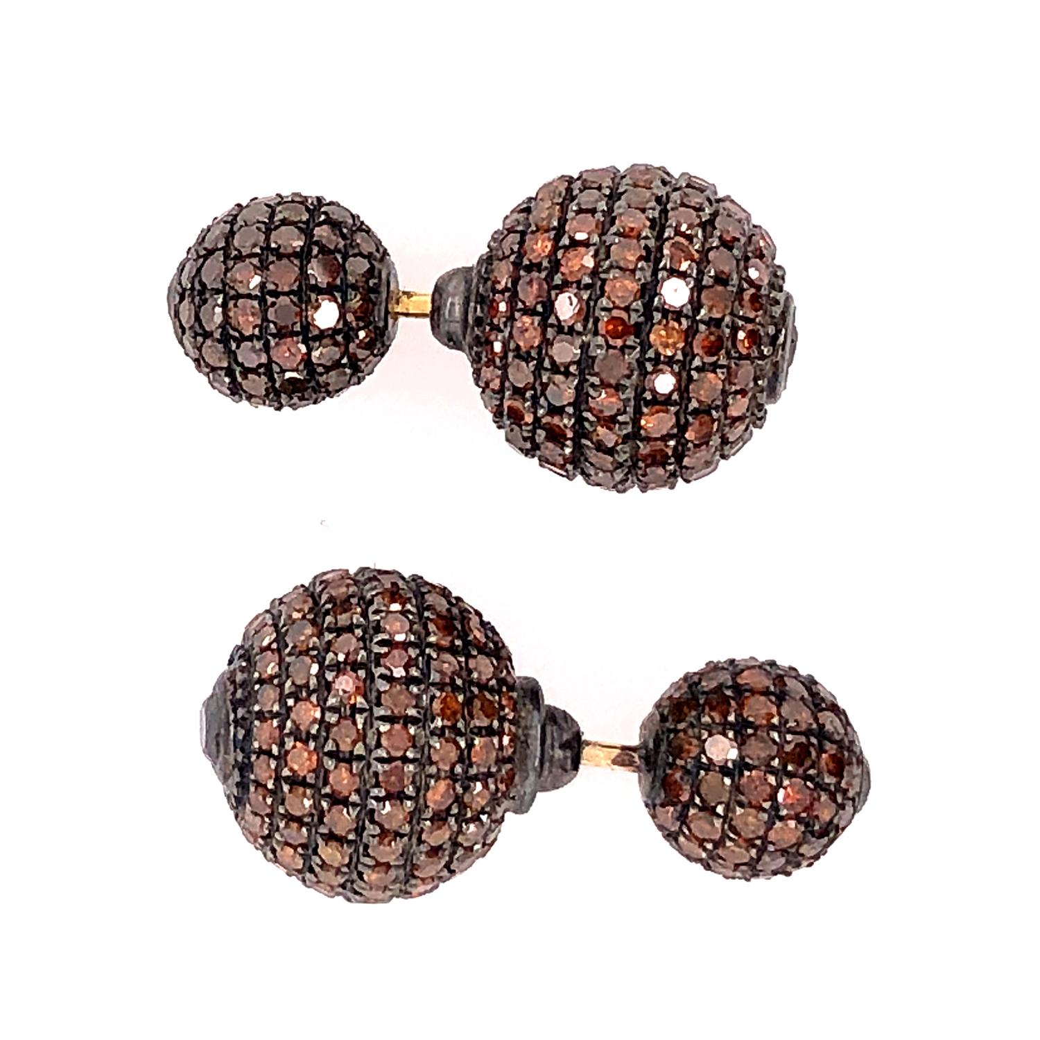 Mixed Cut Brown Pave Diamond Ball Tunnel Earrings Made in 18k Gold & Silver For Sale