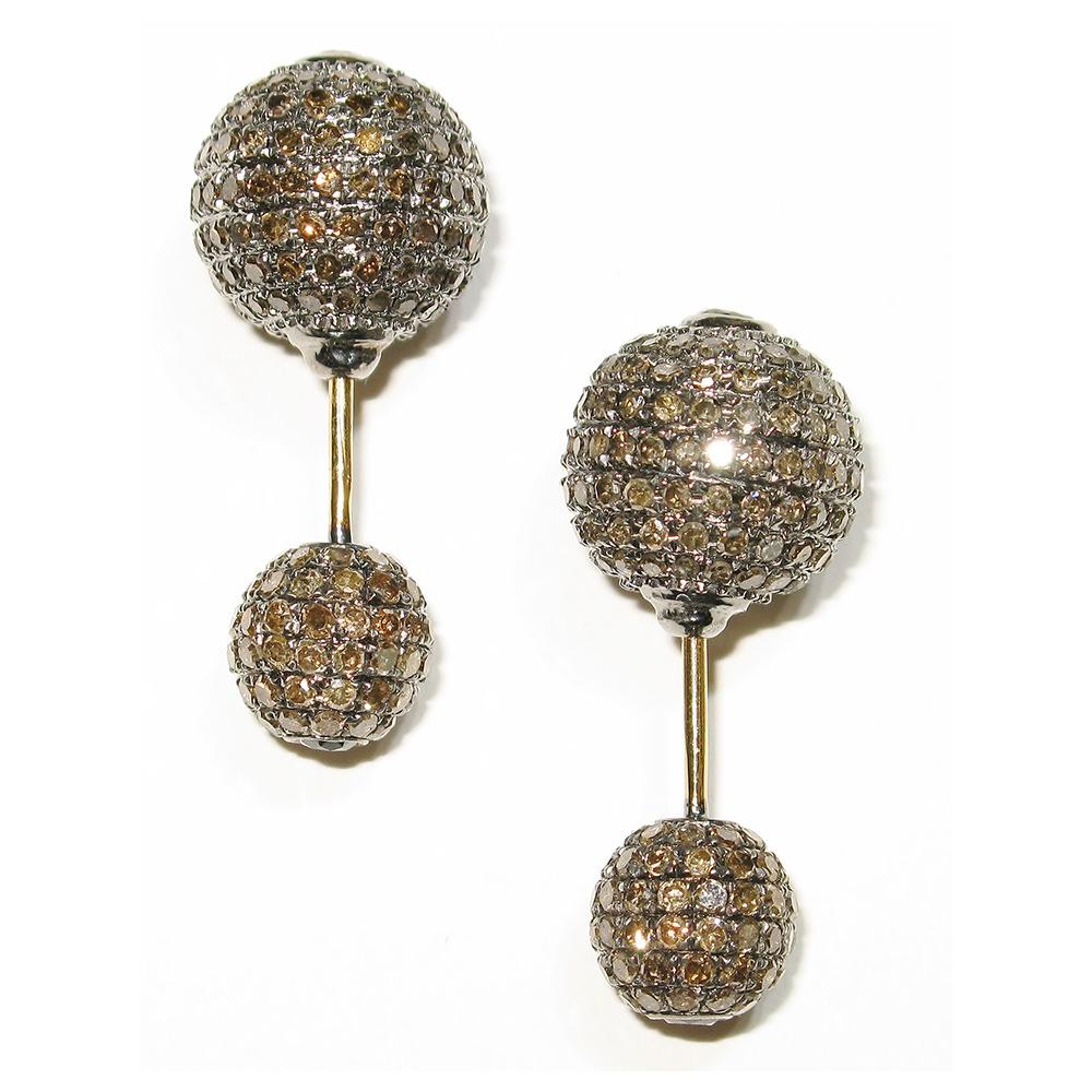Mixed Cut Pave Champagne Diamond Ball Tunnel Earrings Made in 18k Gold & Silver For Sale