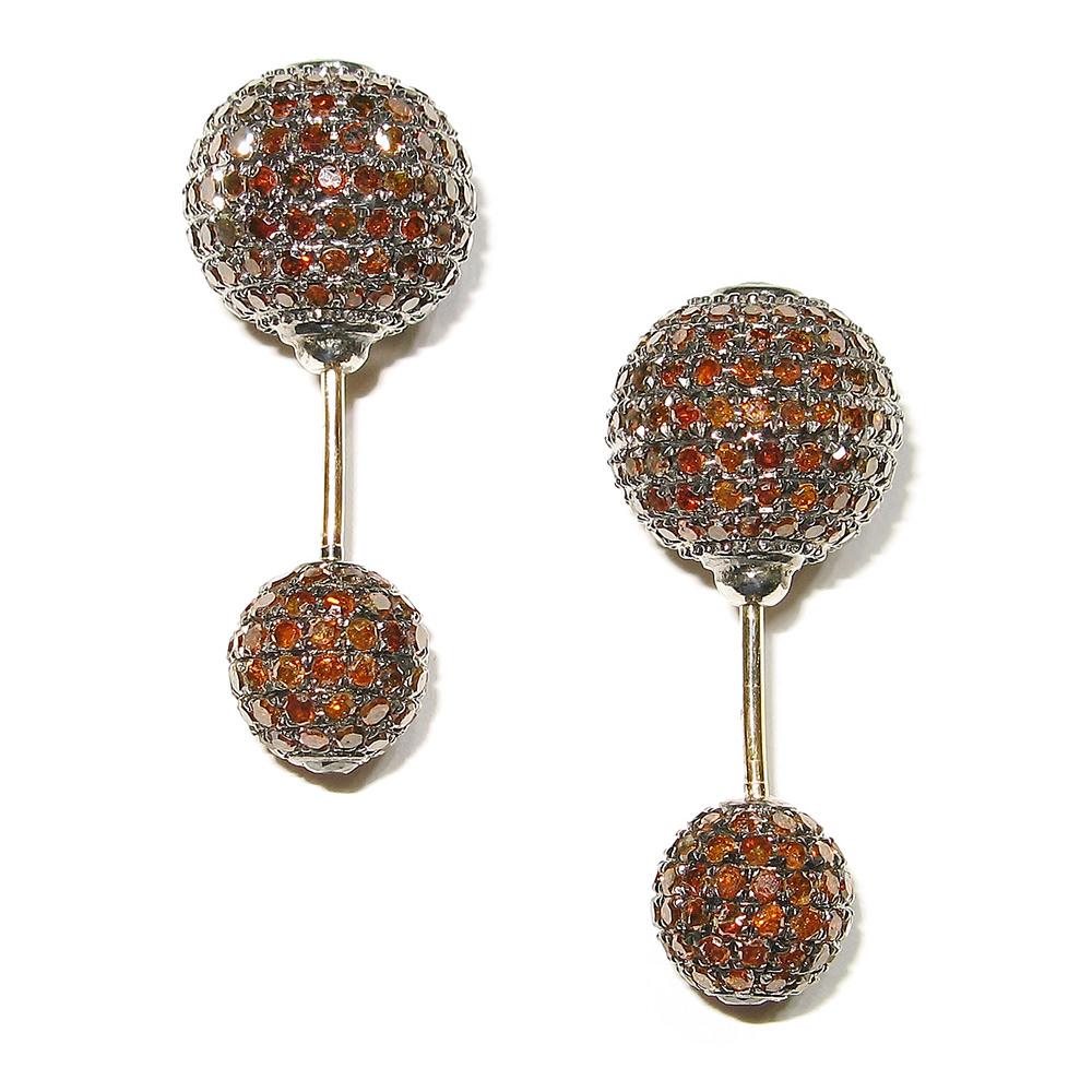 Brown Pave Diamond Ball Tunnel Earrings Made in 18k Gold & Silver In New Condition For Sale In New York, NY