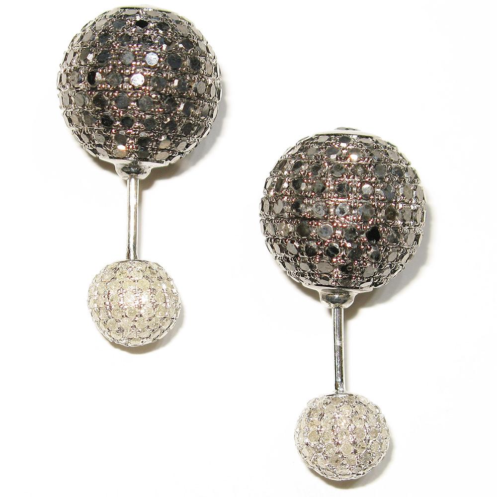 Women's Pave Diamond Ball Tunnel Earrings Made in 18k Gold & Silver For Sale