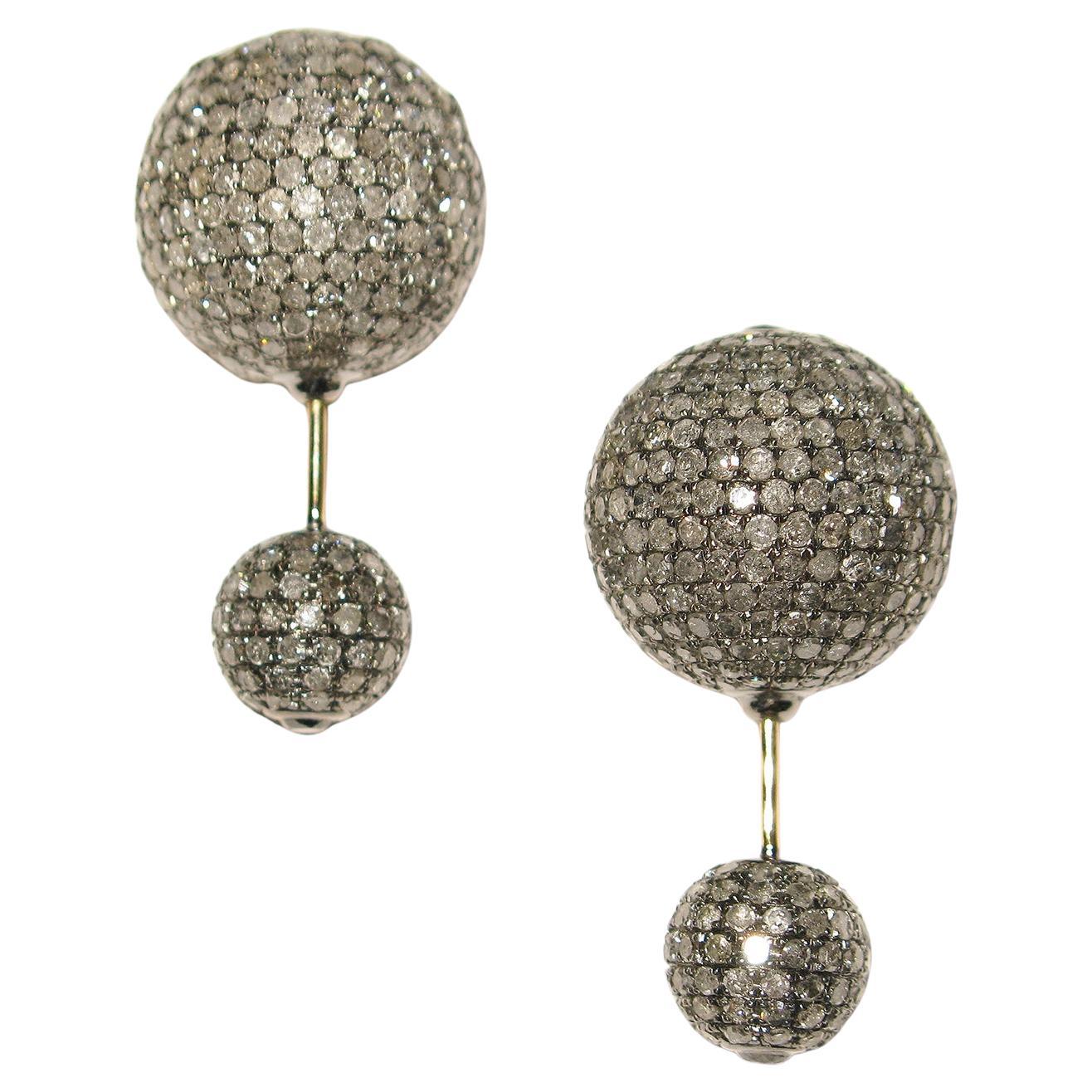 Pave Diamond Ball Tunnel Earrings Made in 18k Gold & Silver For Sale