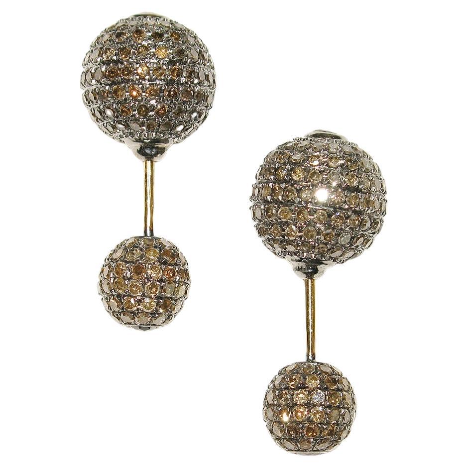 Pave Champagne Diamond Ball Tunnel Earrings Made in 18k Gold & Silver For Sale