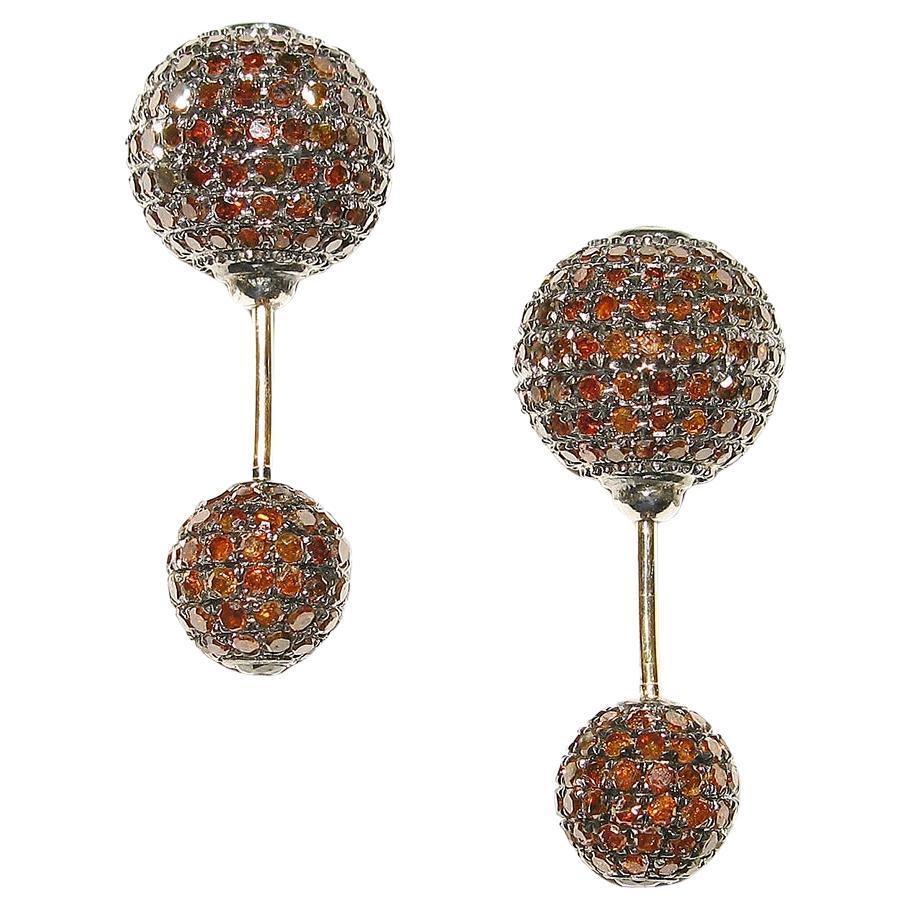 Brown Pave Diamond Ball Tunnel Earrings Made in 18k Gold & Silver
