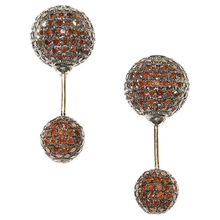 Brown Pave Diamond Ball Tunnel Earrings Made in 18k Gold and Silver For