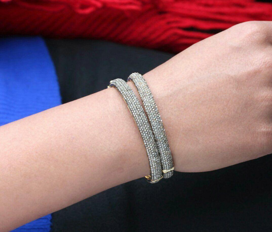 Bangle con pavé di diamanti in oro 14k e argento 925 fatto a mano In condizioni Nuovo in vendita a Chicago, IL