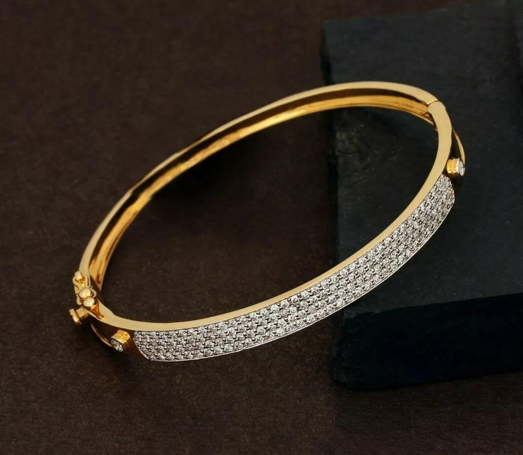 Round Cut Pave Diamond Bangle 14k Gold Fine Wedding Bracelet Handmade For Sale