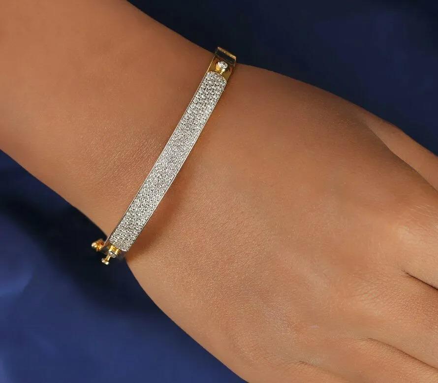 Pave Diamond Bangle 14k Gold Fine Wedding Bracelet Handmade In New Condition For Sale In Chicago, IL