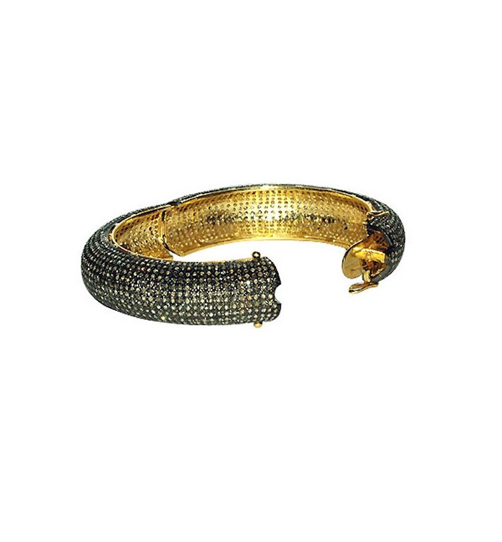 Artisan Pave Diamond Bangle Made in 18k Yellow Gold & Silver For Sale