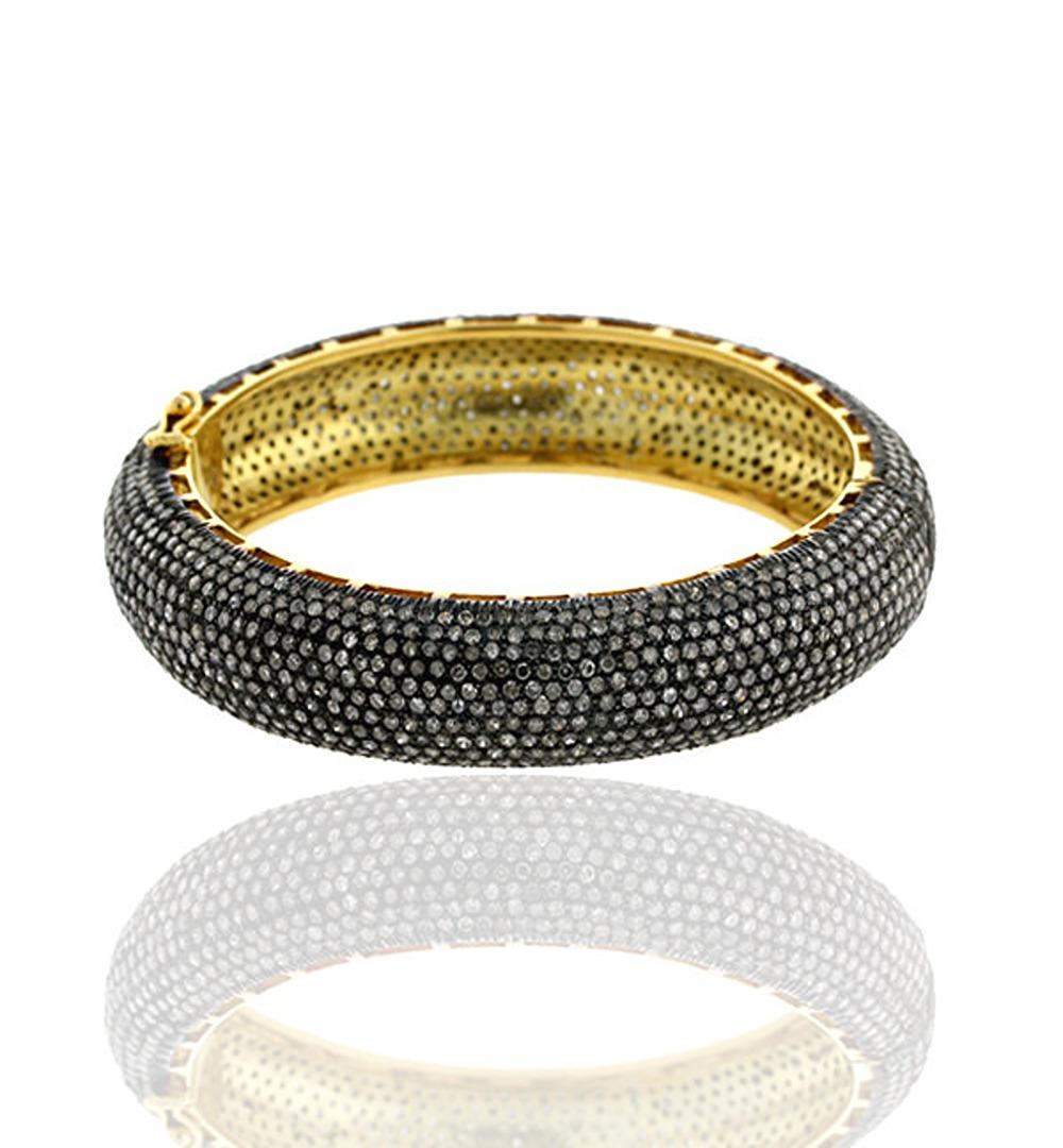 Mixed Cut Pave Diamond Bangle Made in 18k Yellow Gold & Silver For Sale