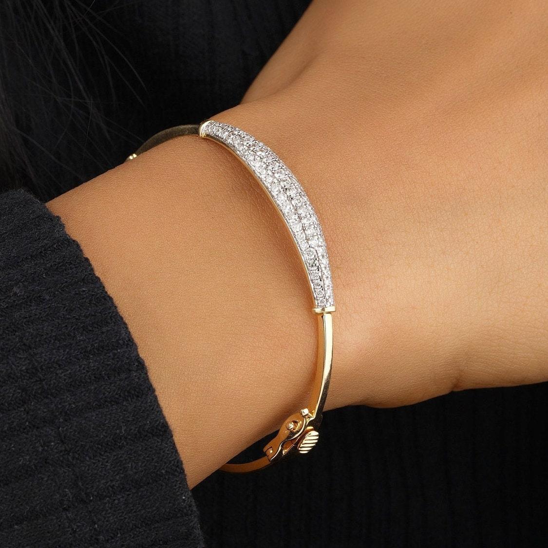 Pavé-Diamant-Barrenarmband aus massivem 14-karätigem Gold (zertifiziert) (Art déco) im Angebot
