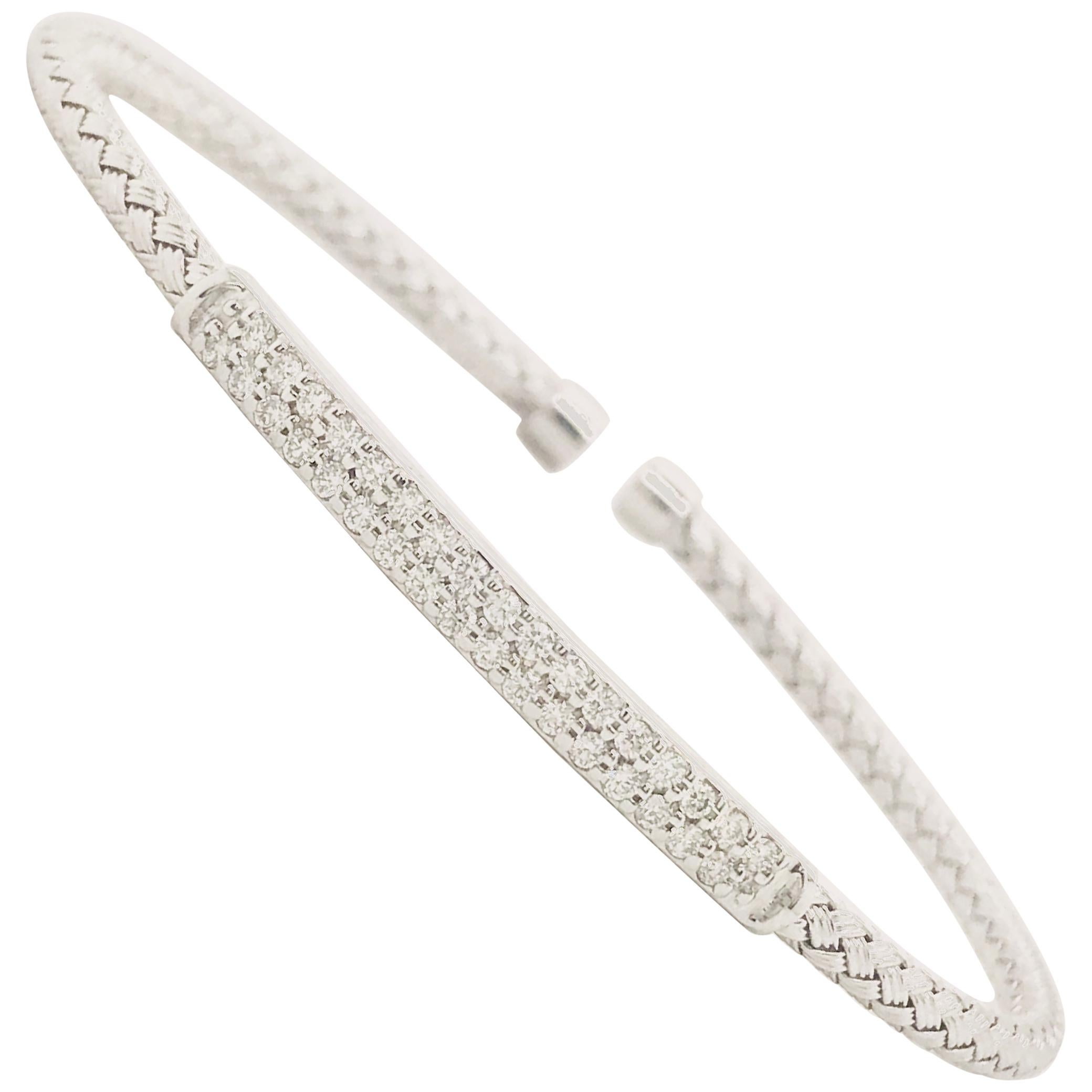 Pave Diamond Bar Bangle Bracelet with Braided Chain 14 Karat White Gold Flexible