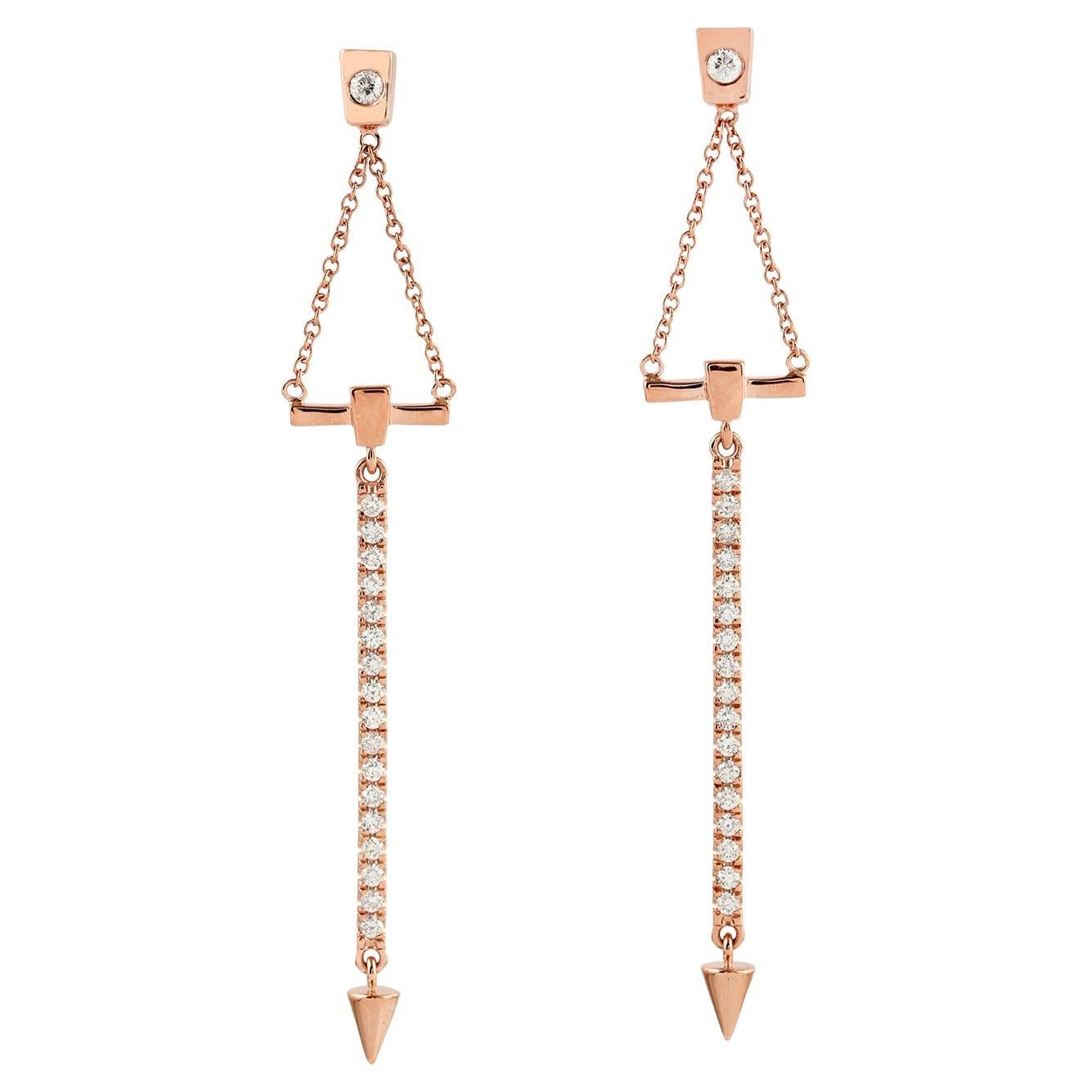 Orecchini pendenti a catena con barrette di diamanti Pavé e diamanti in oro rosa 18 carati