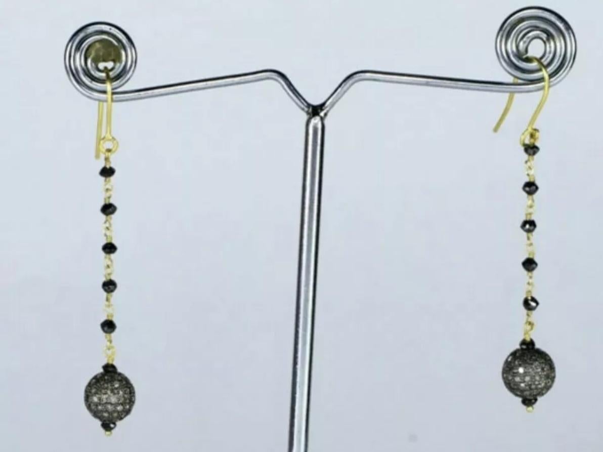 Orecchino con perline di diamanti Pave in oro 14k e argento 925 Orecchino con diamanti in stile vittoriano. In condizioni Nuovo in vendita a Chicago, IL