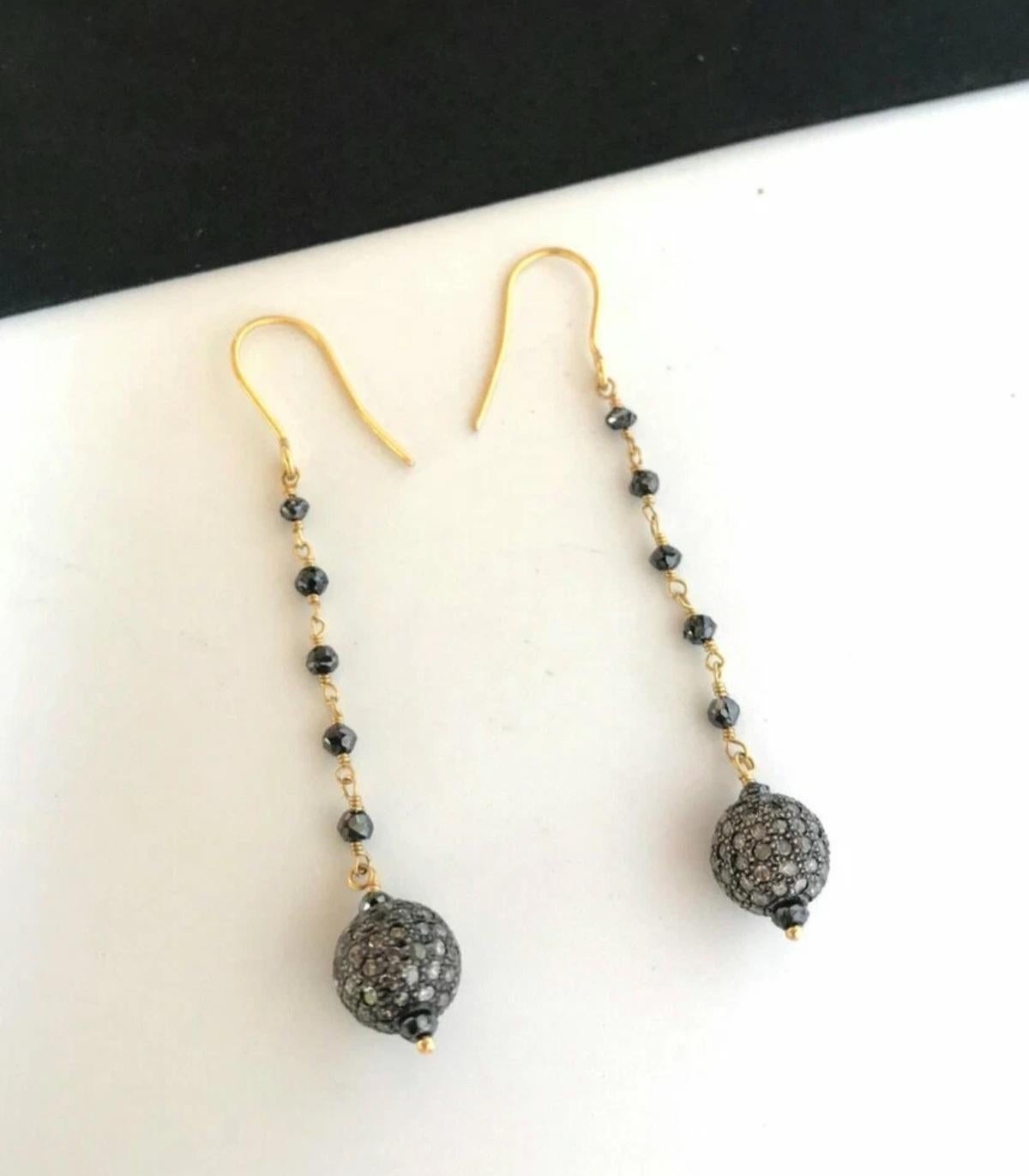 Orecchino con perline di diamanti Pave in oro 14k e argento 925 Orecchino con diamanti in stile vittoriano. in vendita 2
