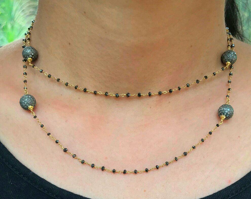 Pave Diamond Beaded Necklace 925 Silver Black Spinel Modern In New Condition For Sale In Chicago, IL