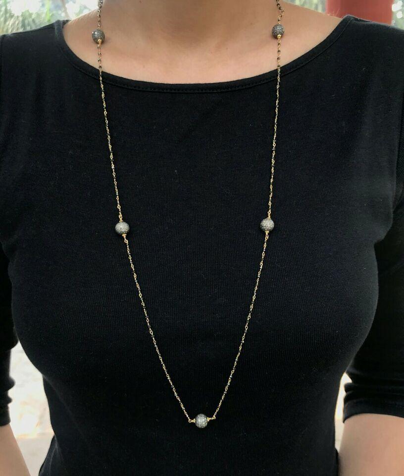 Women's Pave Diamond Beaded Necklace 925 Silver Black Spinel Modern For Sale