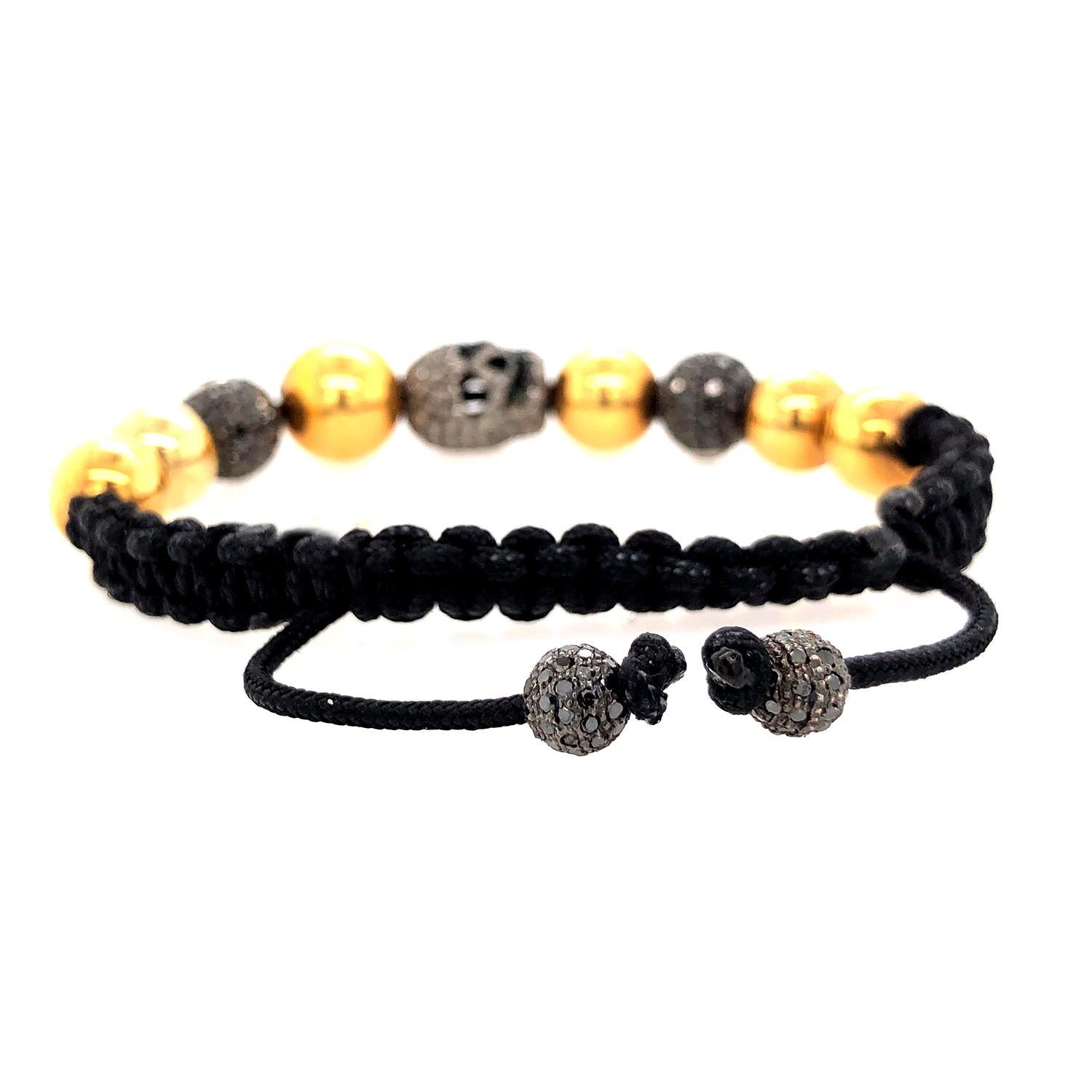Mixed Cut Pave Diamond Beaded Skull Macrame Bracelet Made In 14k Gold & Silver For Sale