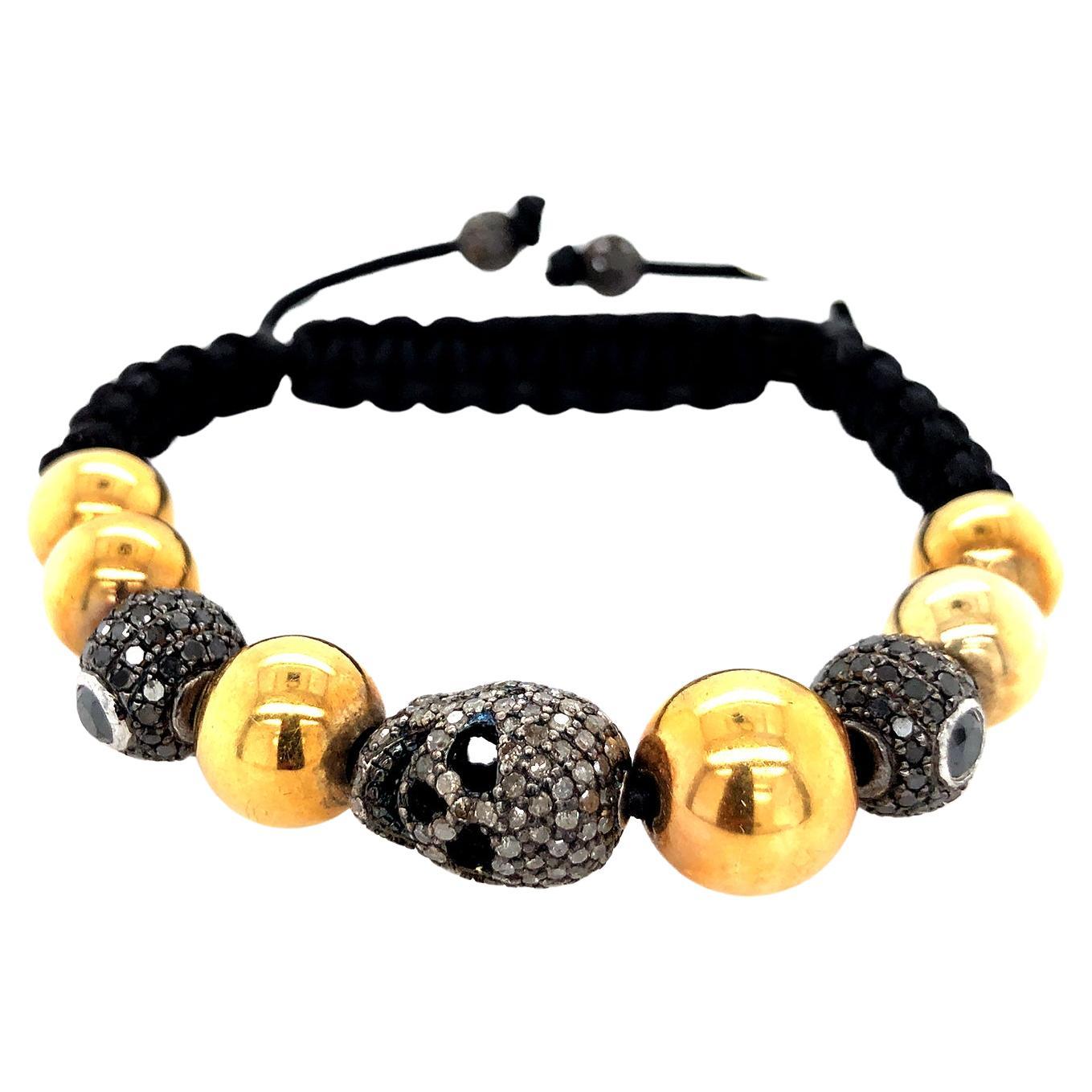 Pave Diamond Beaded Skull Macrame Bracelet Made In 14k Gold & Silver For Sale